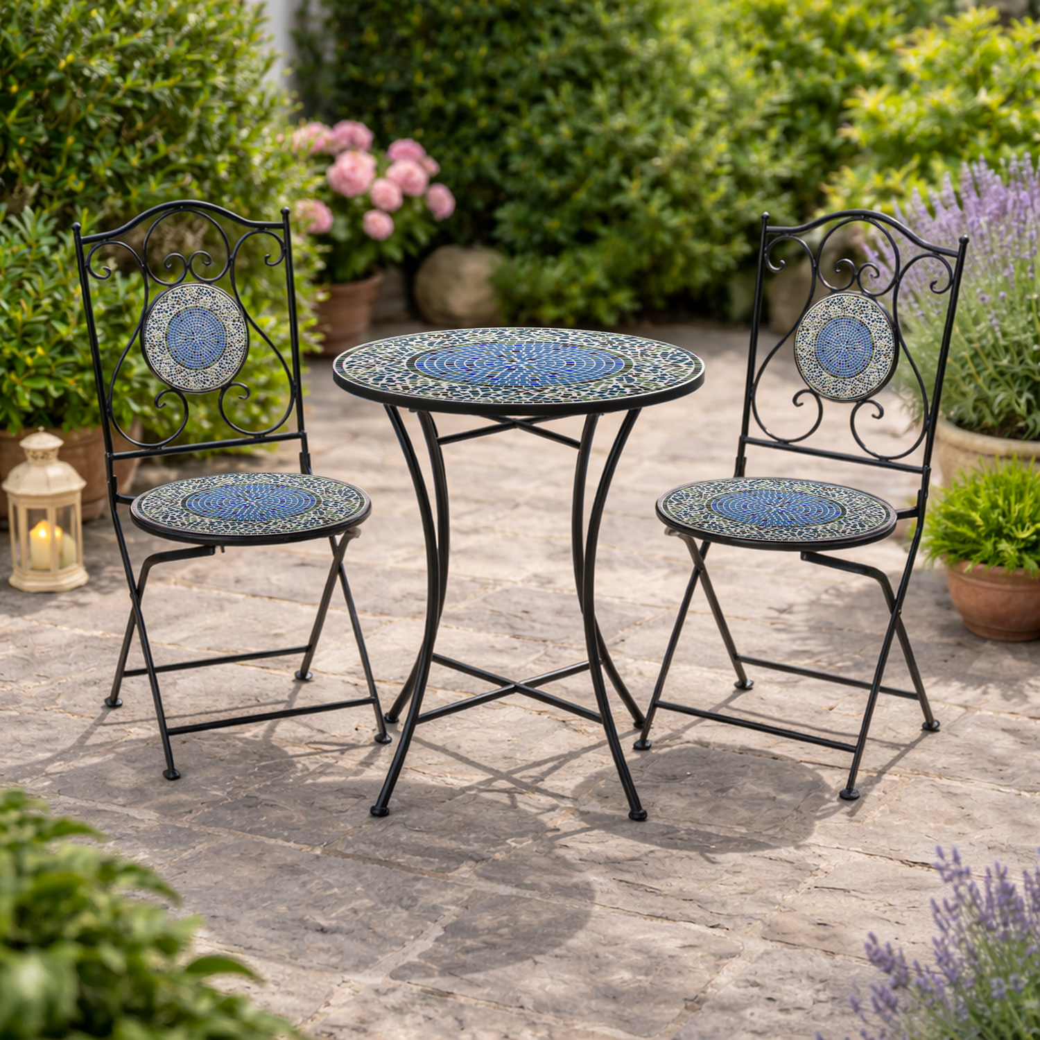 Set tavolo tondo con 2 sedie ferro maiolica azzurra