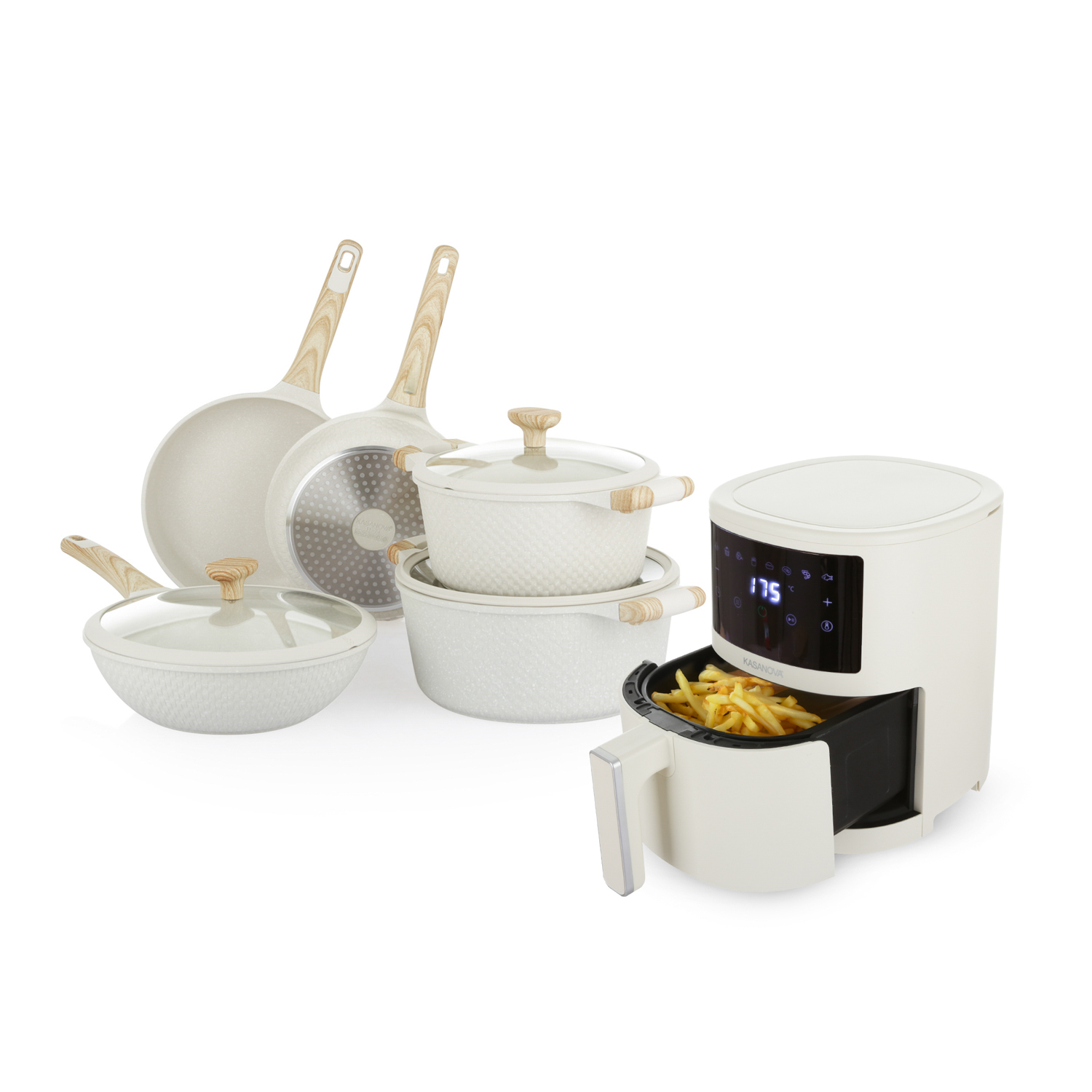 Set Batteria 8 pezzi Bambù e Friggitrice ad aria digitale 3,5 L