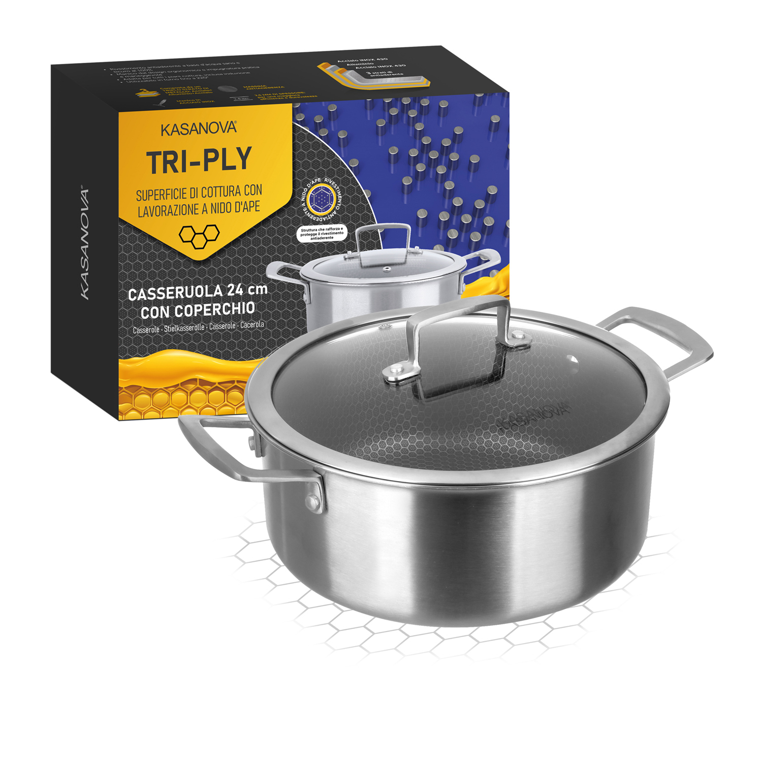Casseruola 24 cm con coperchio a 3 strati Tri - ply