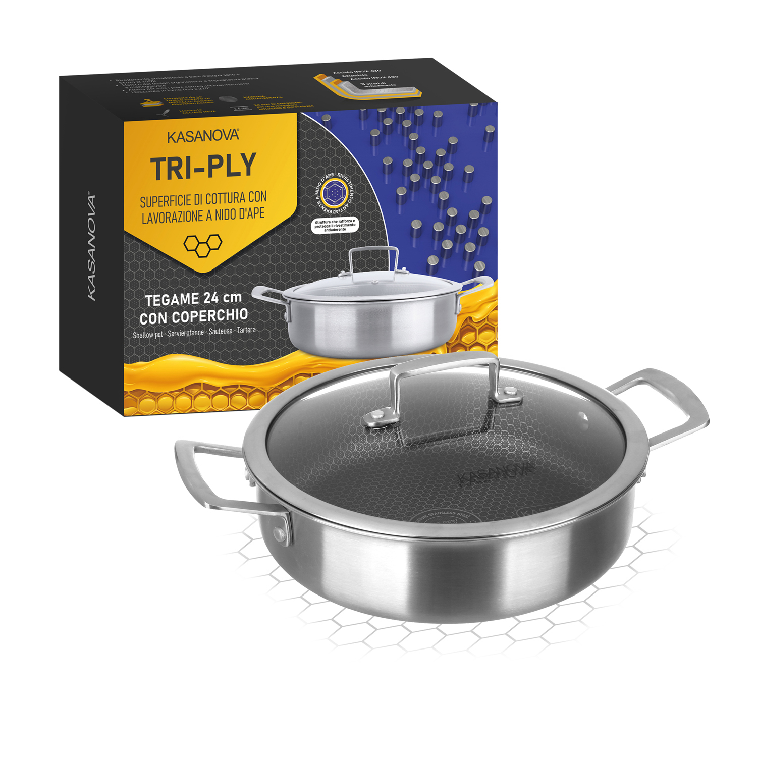 Tegame 24 cm con Coperchio Tri-Ply: Rivestimento Antiaderente a 3 Strati