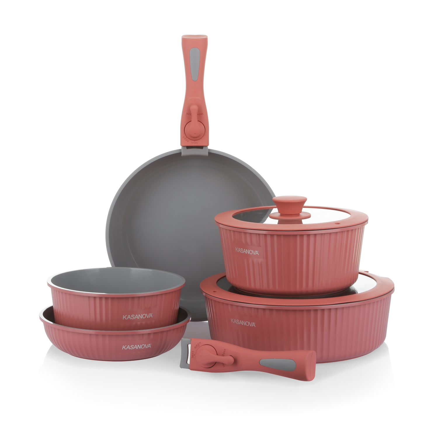 Batteria pentola 9 pezzi rosa Eaziclip con manici staccabili