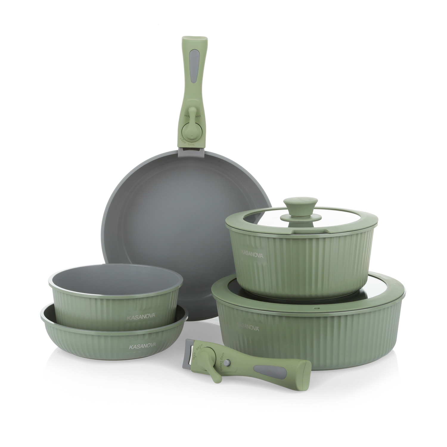 Batteria pentola 9 pezzi verde Eaziclip con manici staccabili