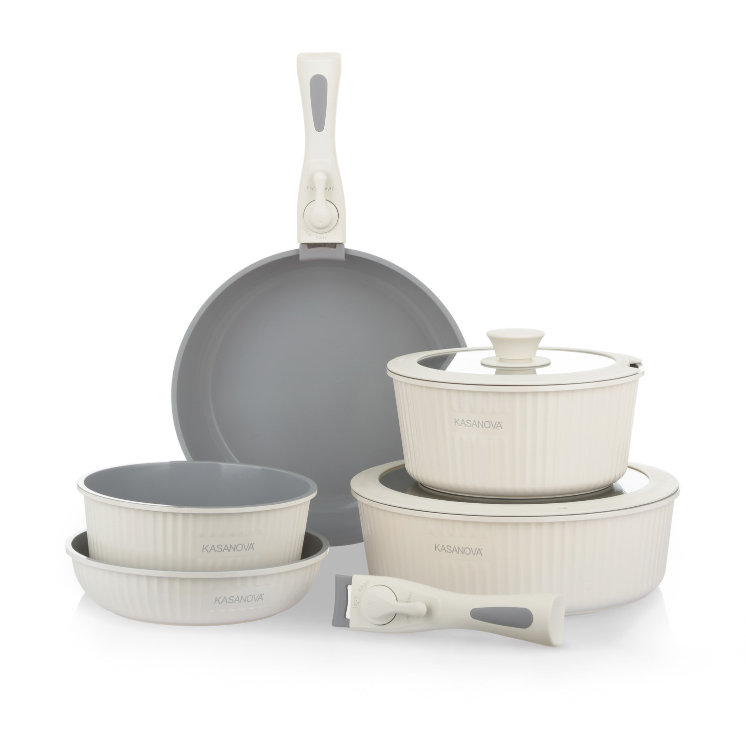 Batteria pentola 9 pezzi crema Eaziclip con manici staccabili