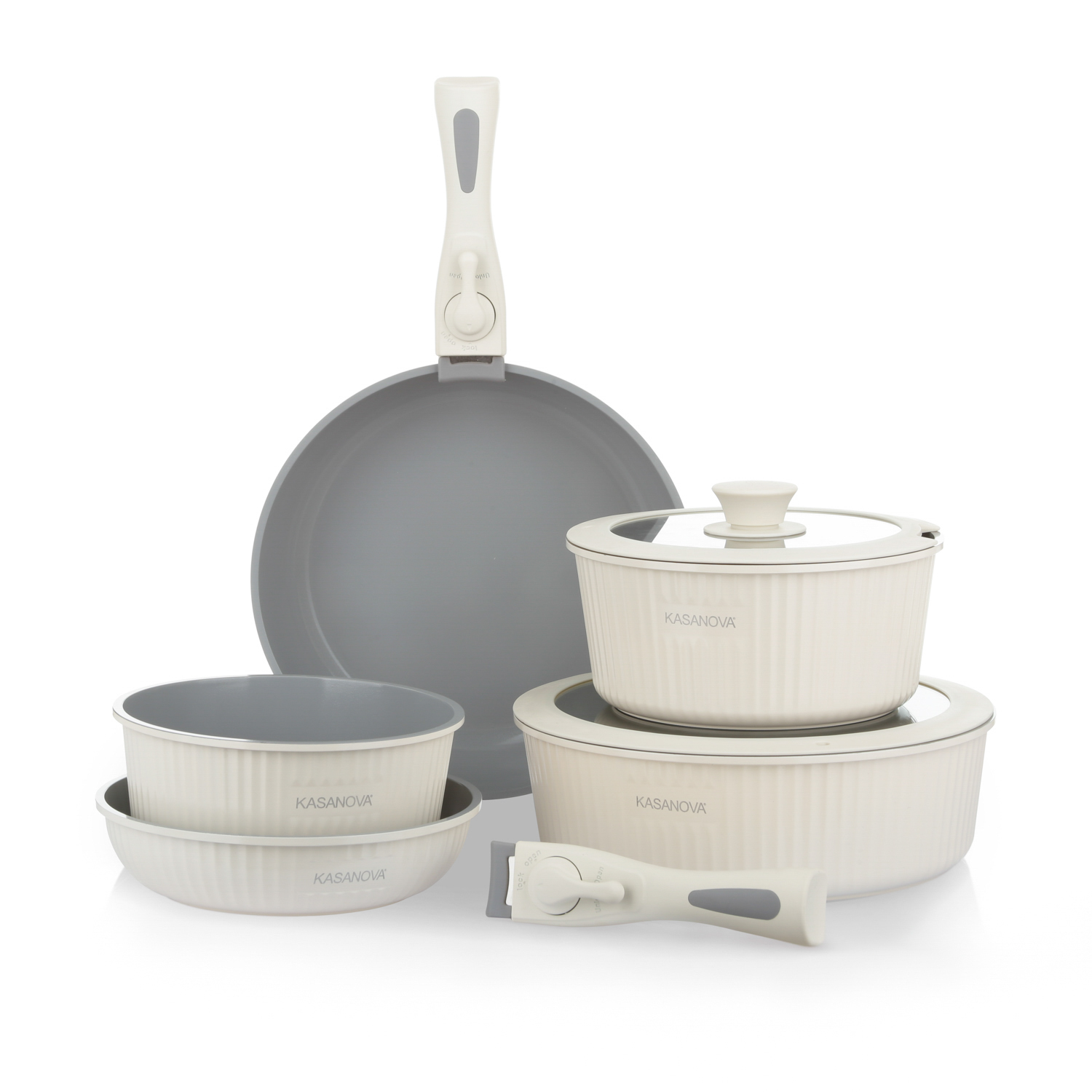 Batteria pentola 9 pezzi crema Eaziclip con manici staccabili