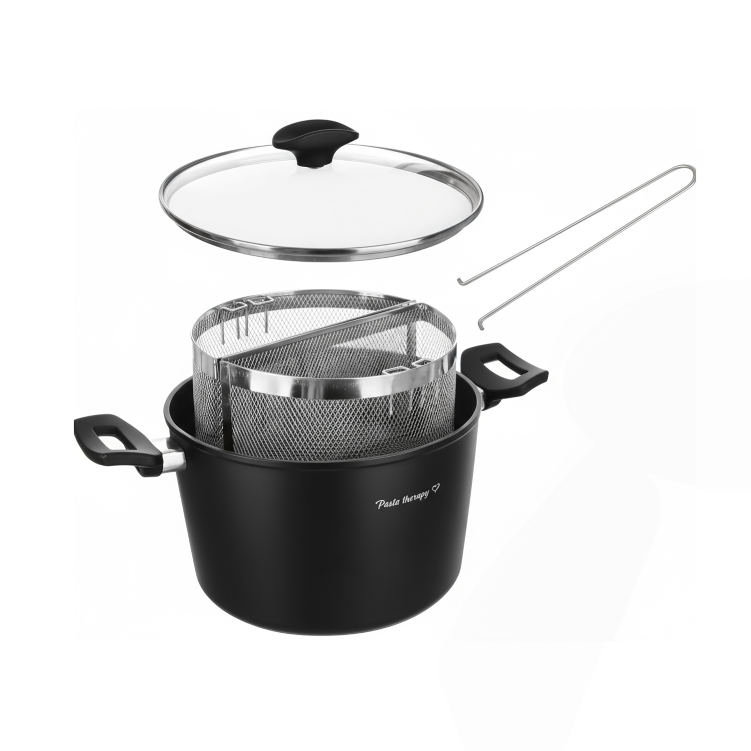 Pentola pasta 22 cm nera con 2 cestelli e coperchio