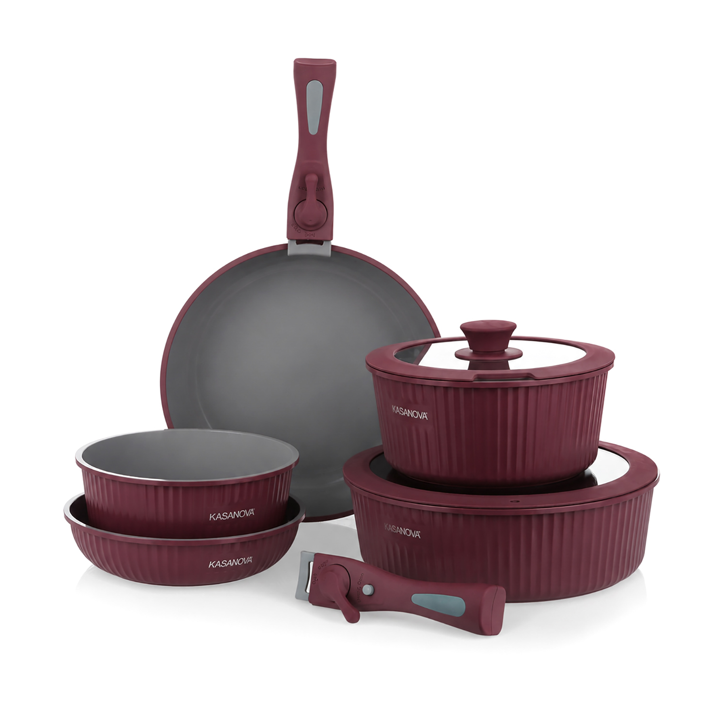 Batteria pentola 9 pezzi burgundy Eaziclip con manici staccabili