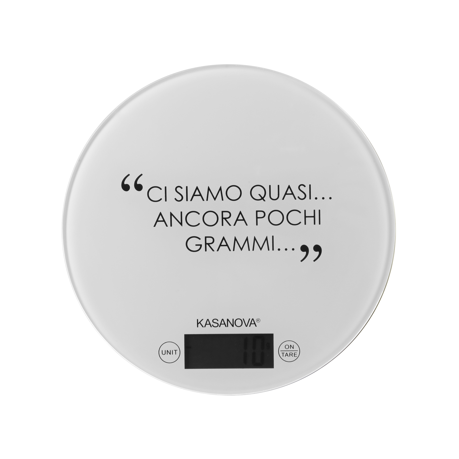 Bilancia da cucina digitale bianca tonda con scritta