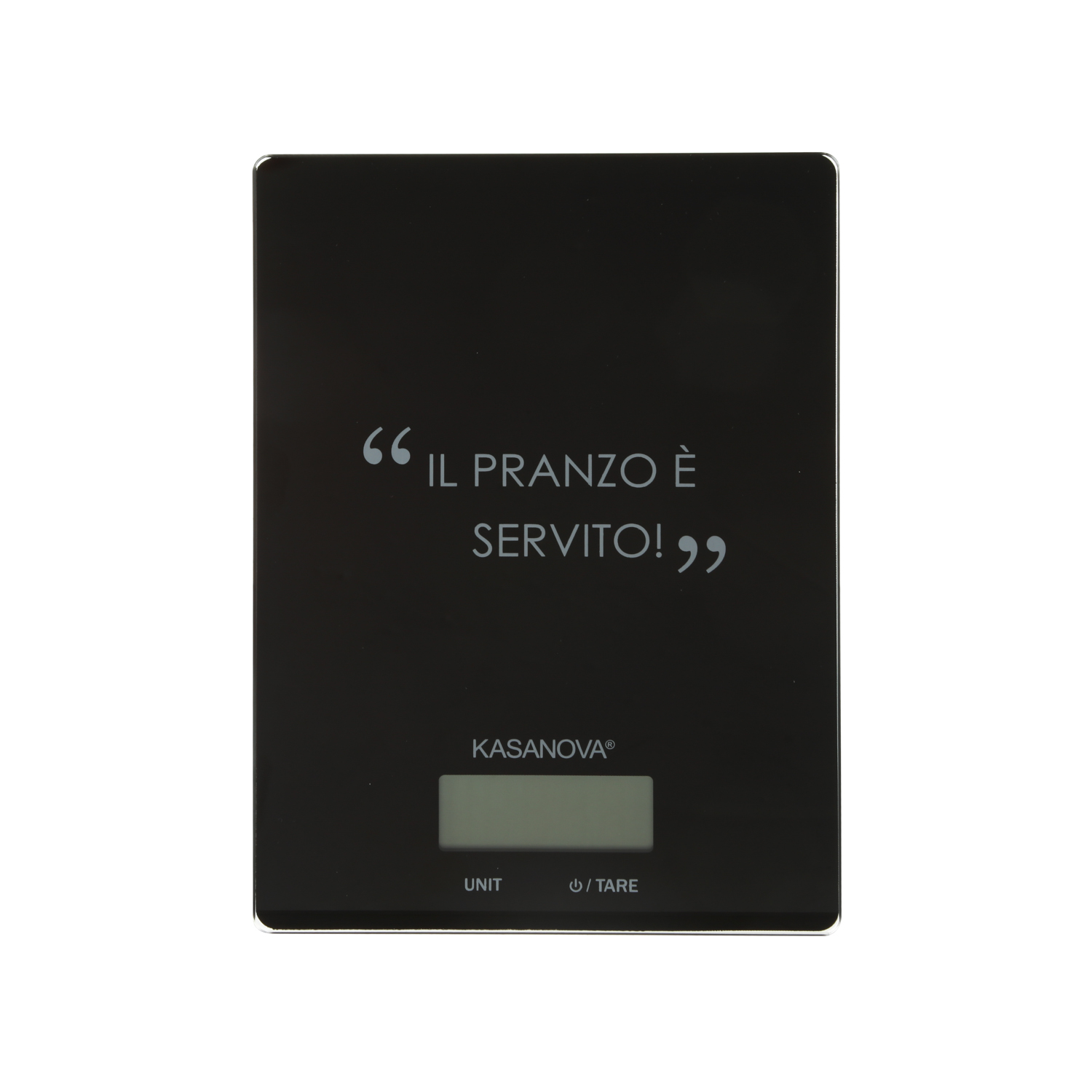 Bilancia da cucina digitale nera rettangolare con scritta