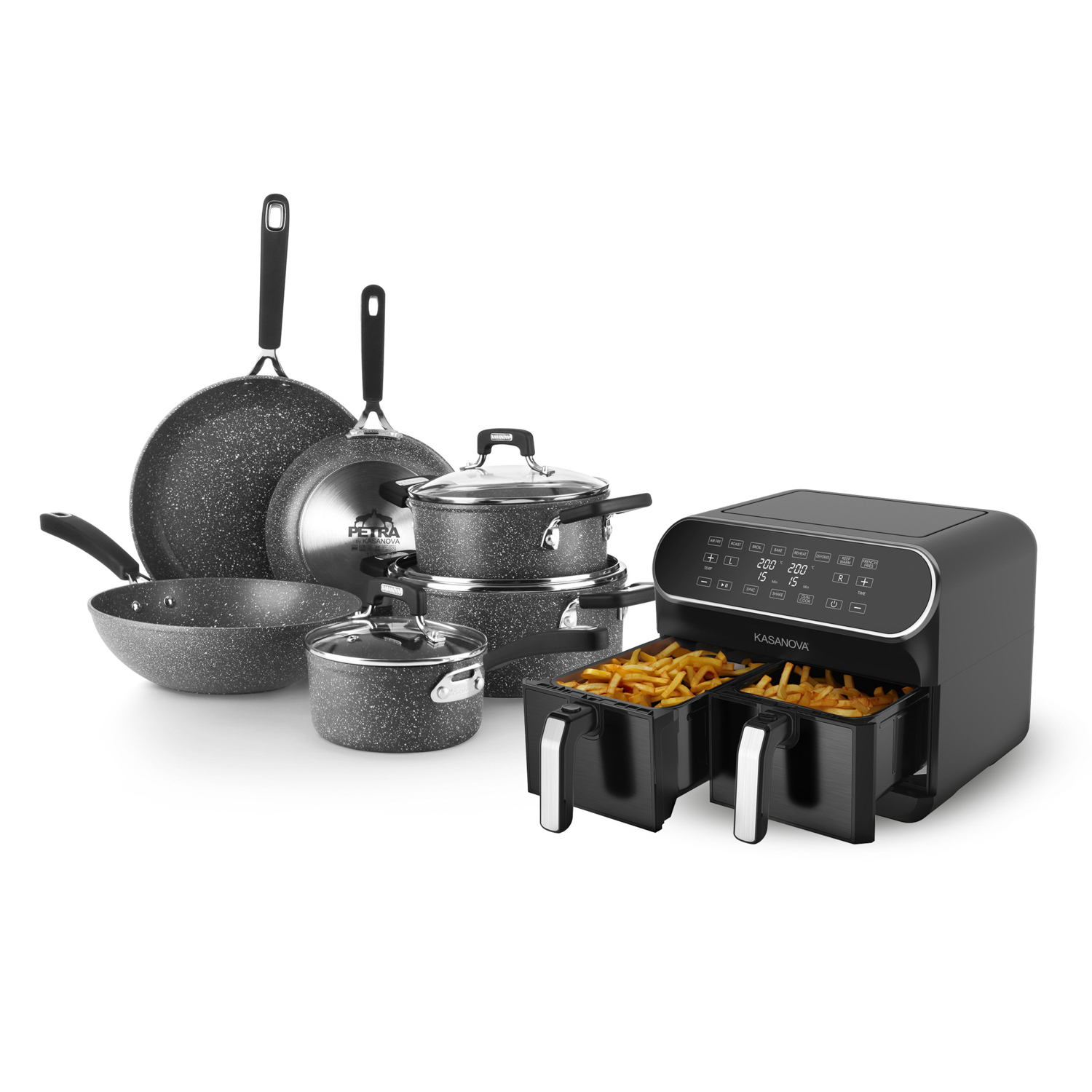 Set batteria induzione 9 pezzi New Petra Dark e friggitrice ad aria 2 cestelli