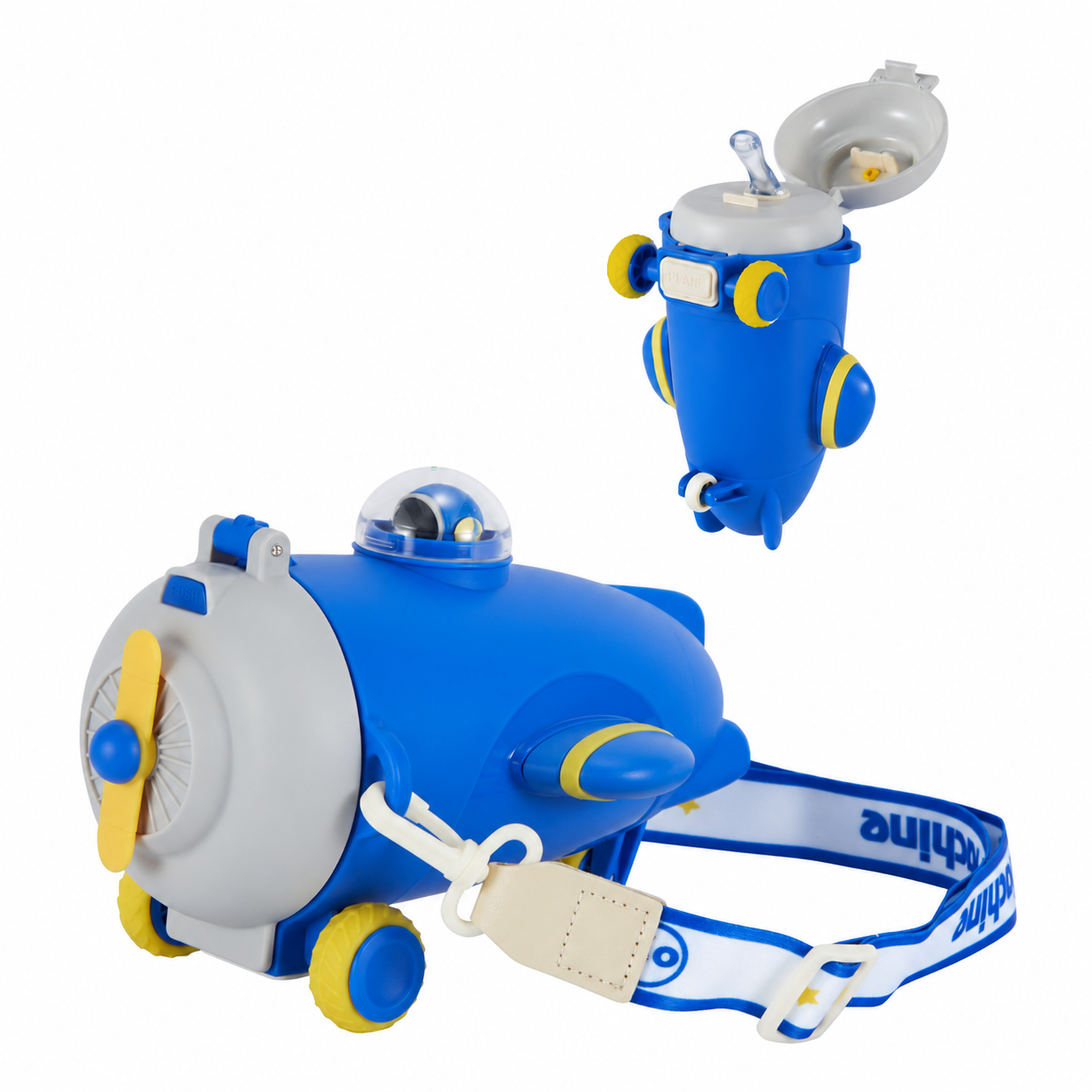 Borraccia bambini Aeroplano 550 ml con tracolla blu
