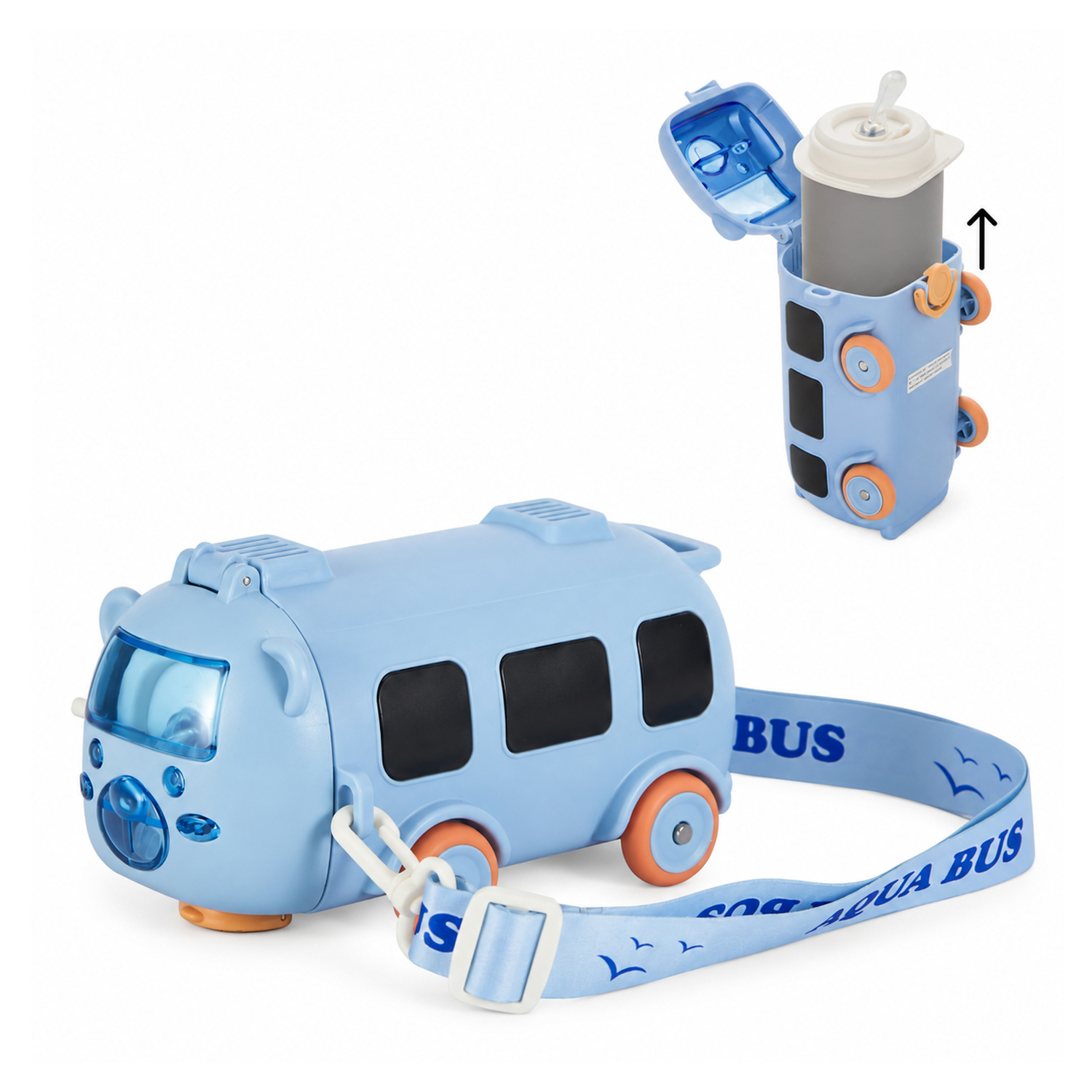 Bottiglia termica bambini Bus 400 ml con tracolla azzurro