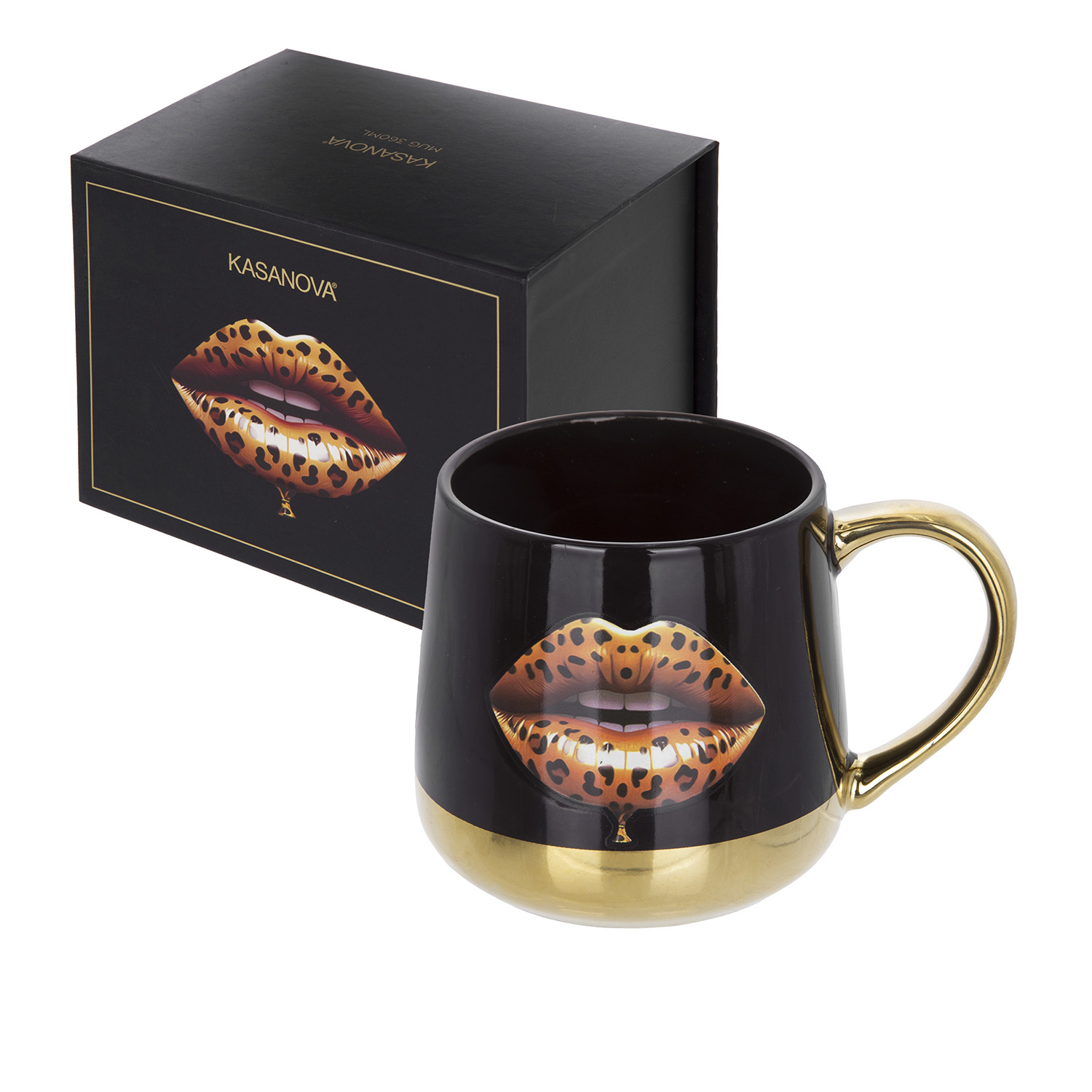 Tazza ceramica 360 ml labbra leopardate nero oro