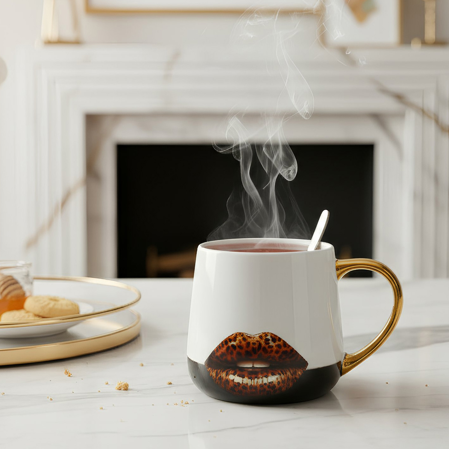 Tazza mug ceramica manico oro 360 ml base nera labbra