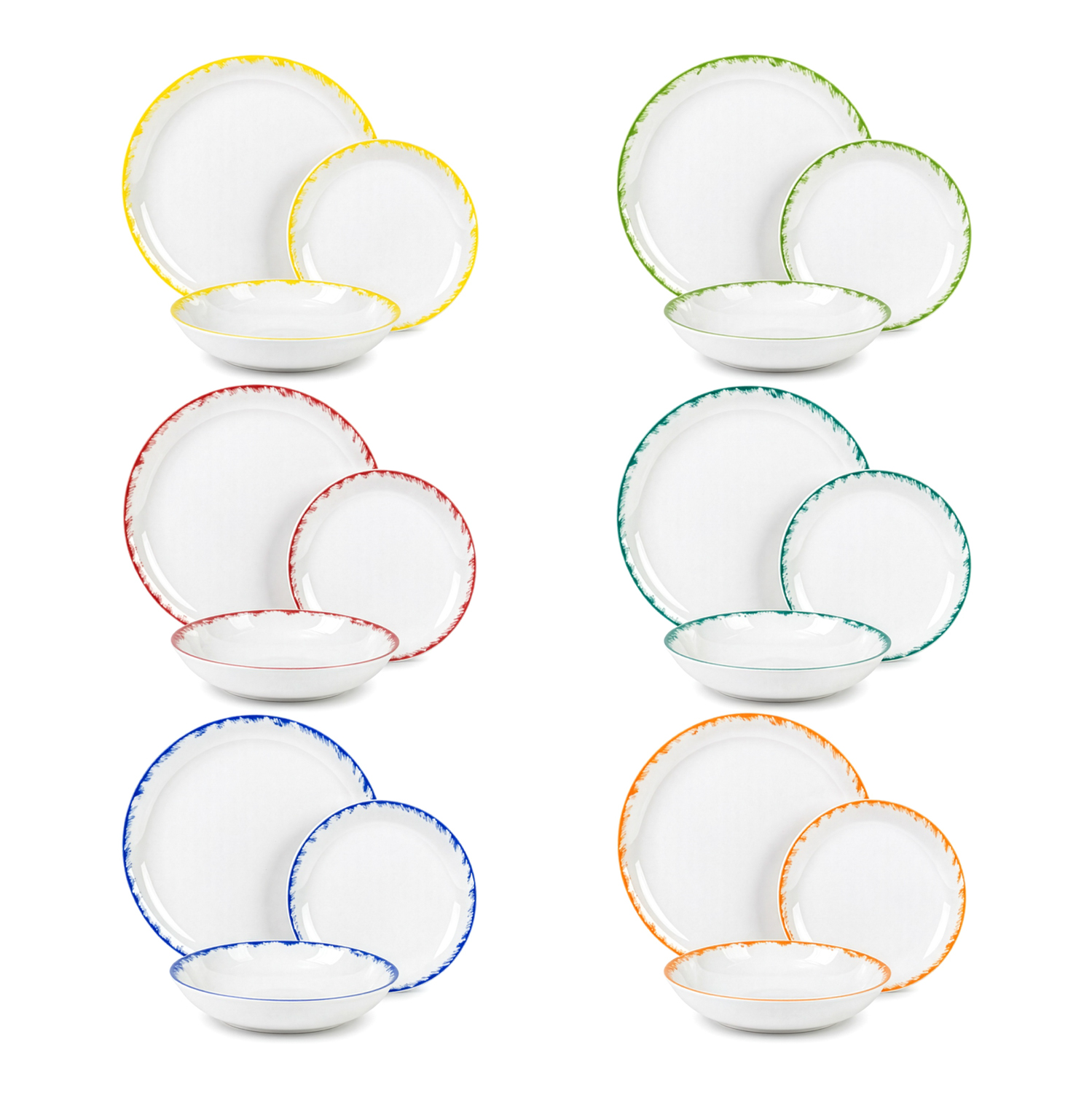 Servizio 18 piatti porcellana bianca bordo colorato Iris