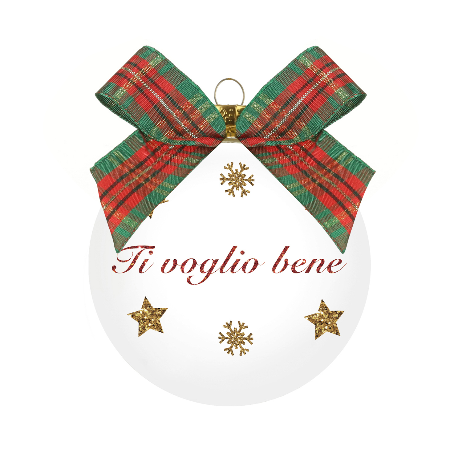 Pallina Natale Ti voglio bene 10 cm fiocco tartan rosso