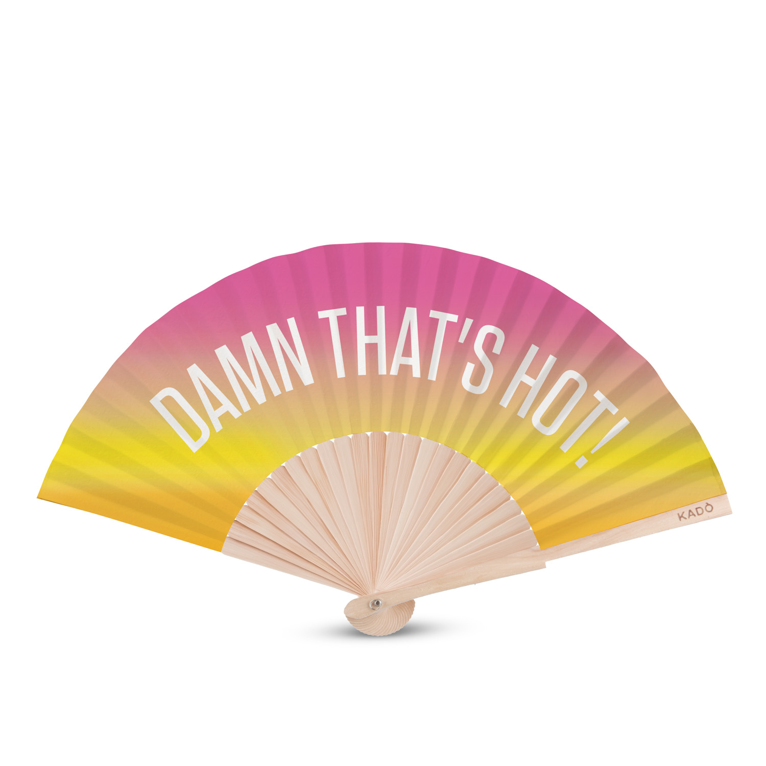 Ventaglio legno con scritta that's hot giallo rosa