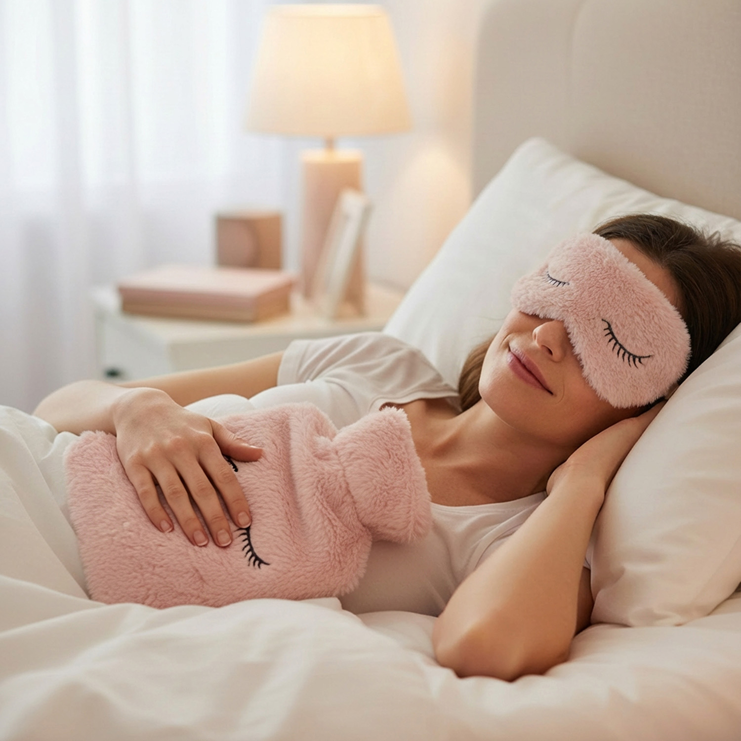 Borsa acqua calda rosa con mascherina occhi