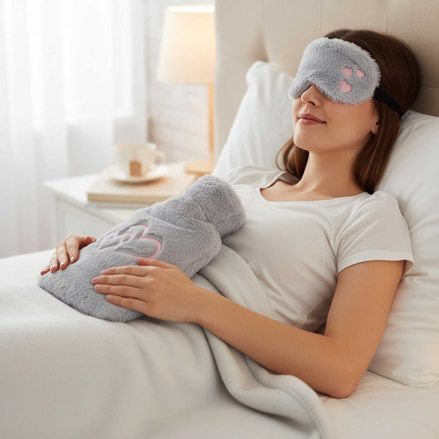 Borsa acqua calda grigia con mascherina occhi