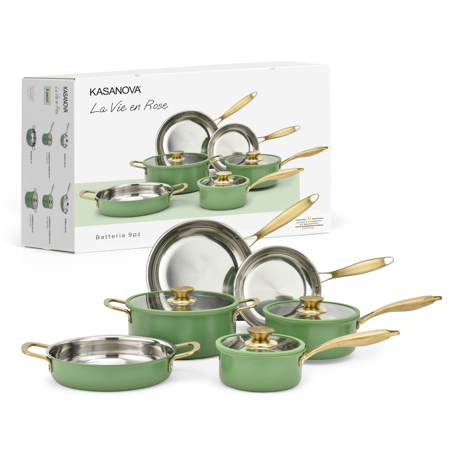 Batteria pentole acciaio 9 pezzi La Vie en Rose verde