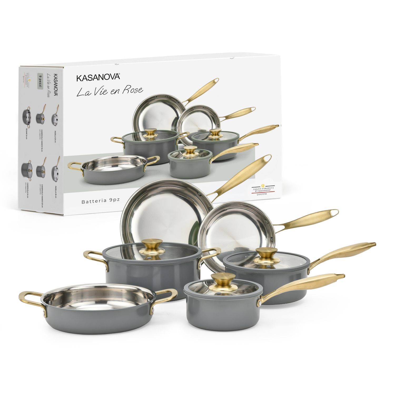 Batteria pentole acciaio 9 pezzi La Vie en Rose grigio