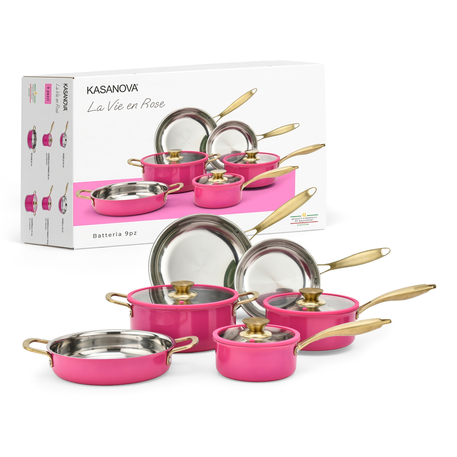 Batteria pentole acciaio 9 pezzi La Vie en Rose fucsia