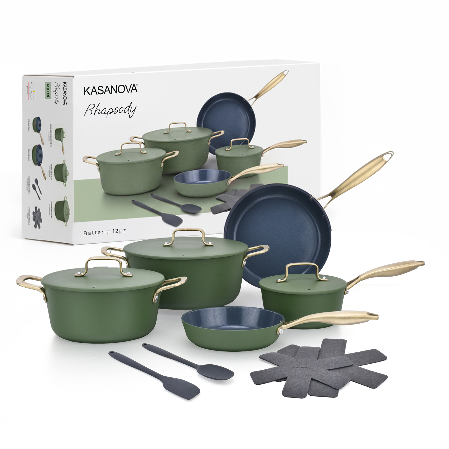 Batteria 12 pezzi antiaderente ceramico Rhapsody verde