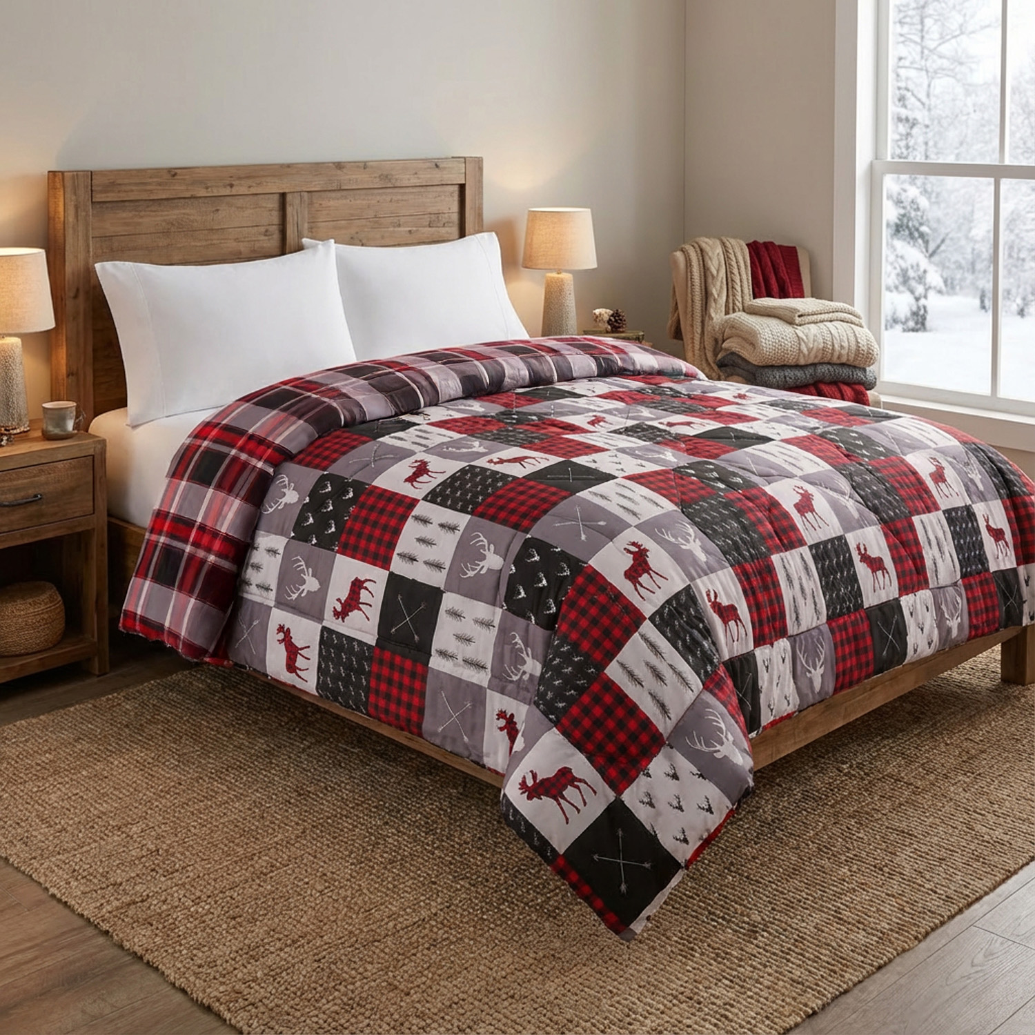 Trapunta matrimoniale renne e scozzese double face Cottage