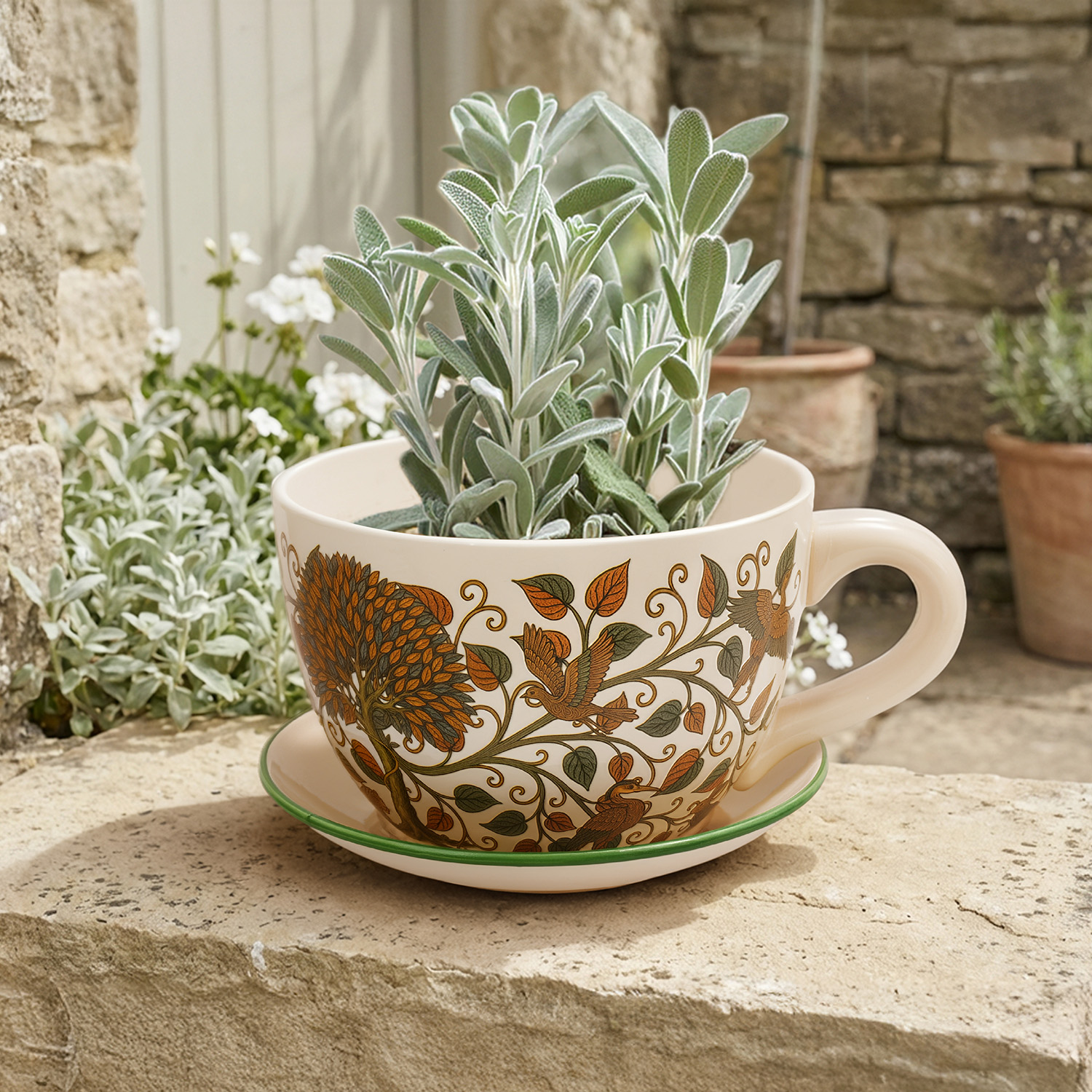 Portavaso tazza foglie in ceramica 29,5x22,5x14,8 cm