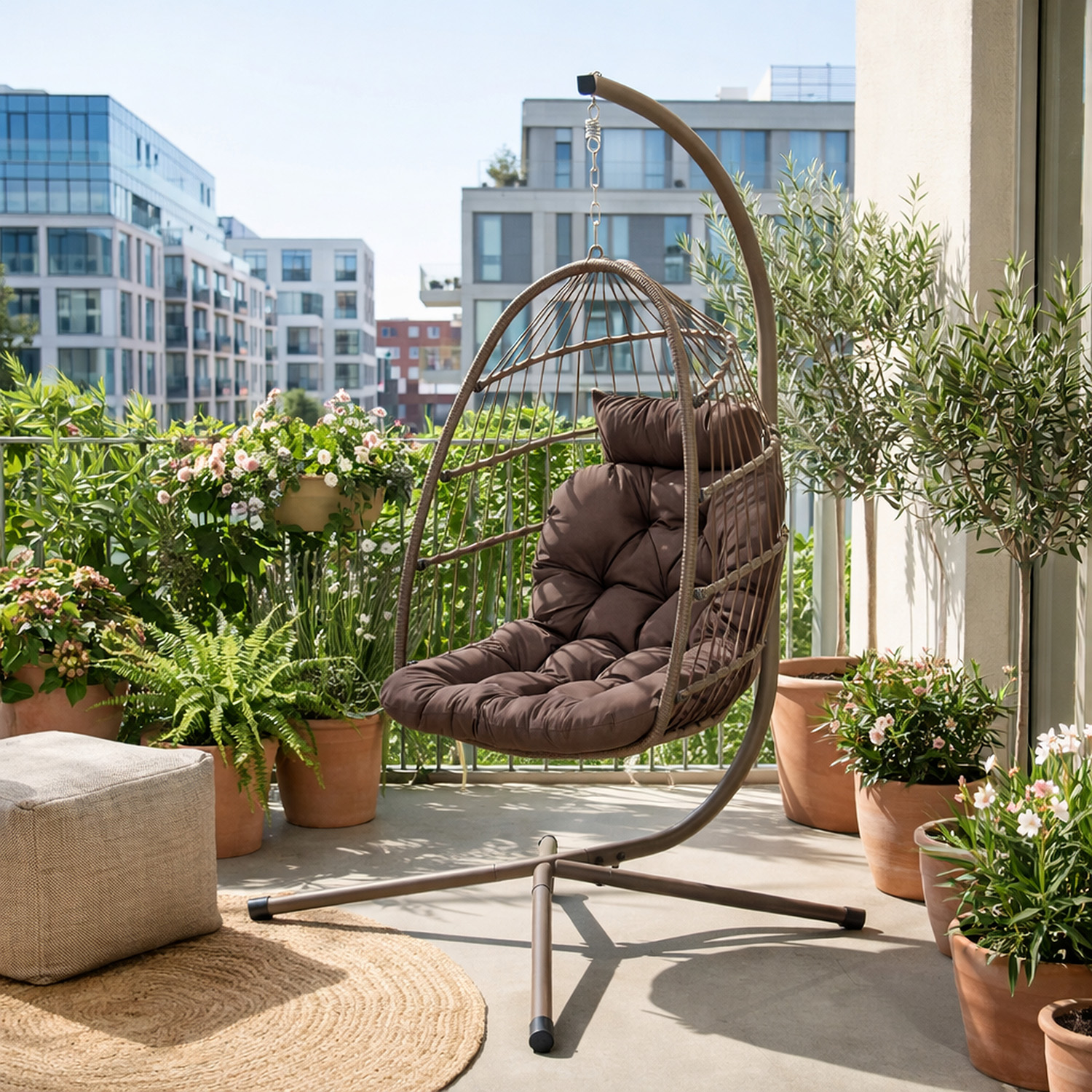 Dondolo pieghevole in acciaio con cuscino caffè