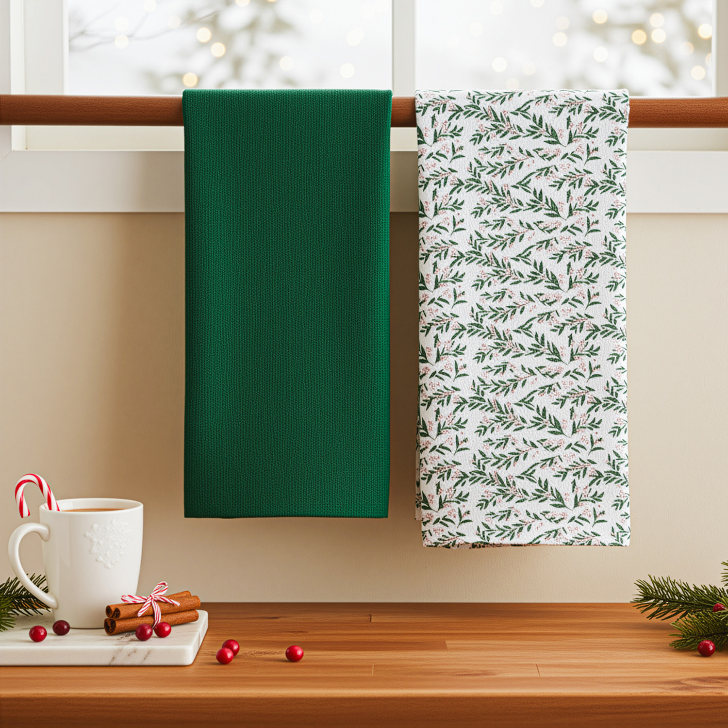 Set di 2 Strofinacci 50x70 cm Verde con Motivo Agrifoglio