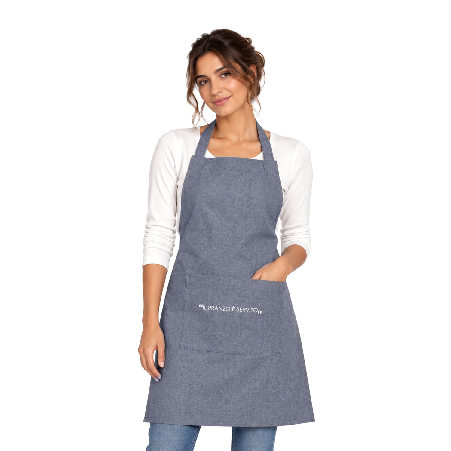 Grembiule con tasca e scritta Quotes denim