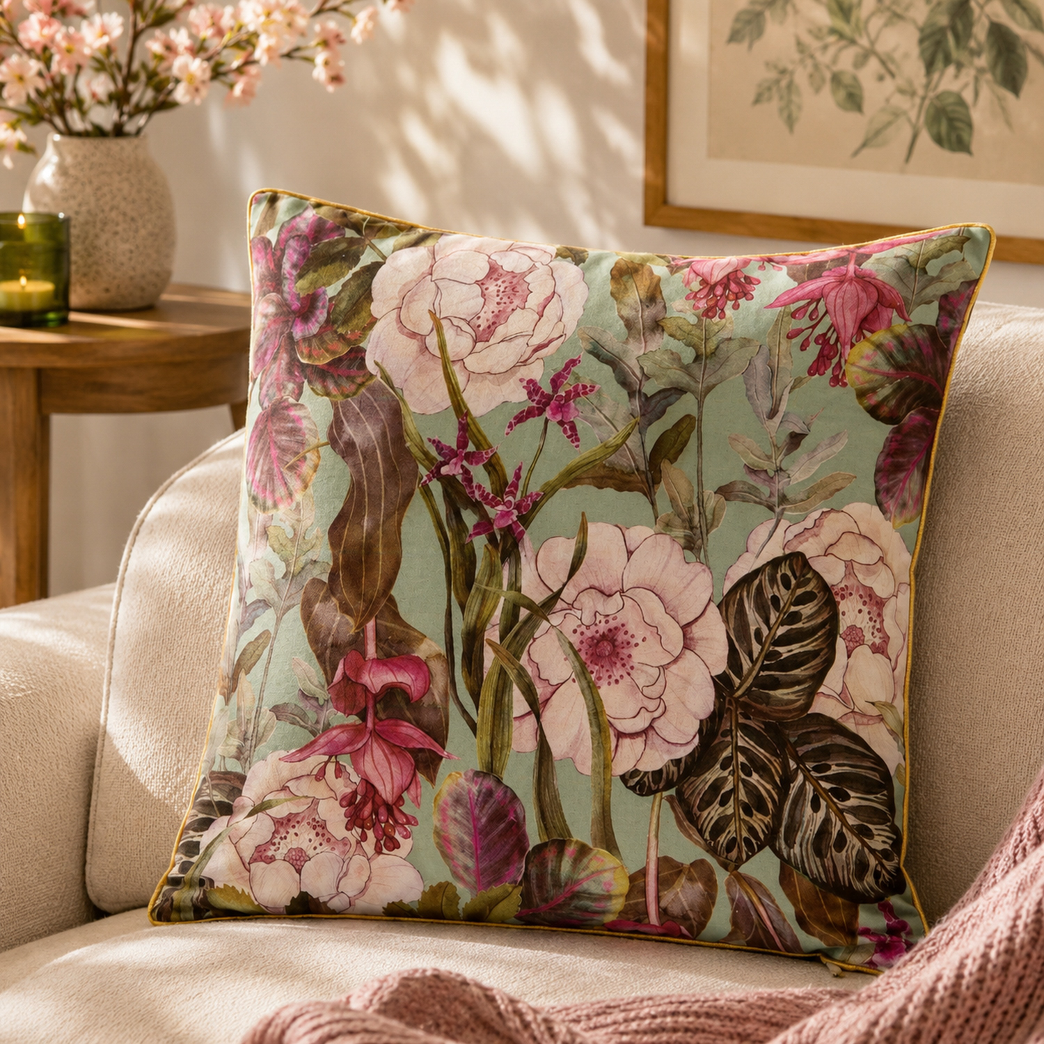 Cuscino divano 45x45 cm fiori rosa