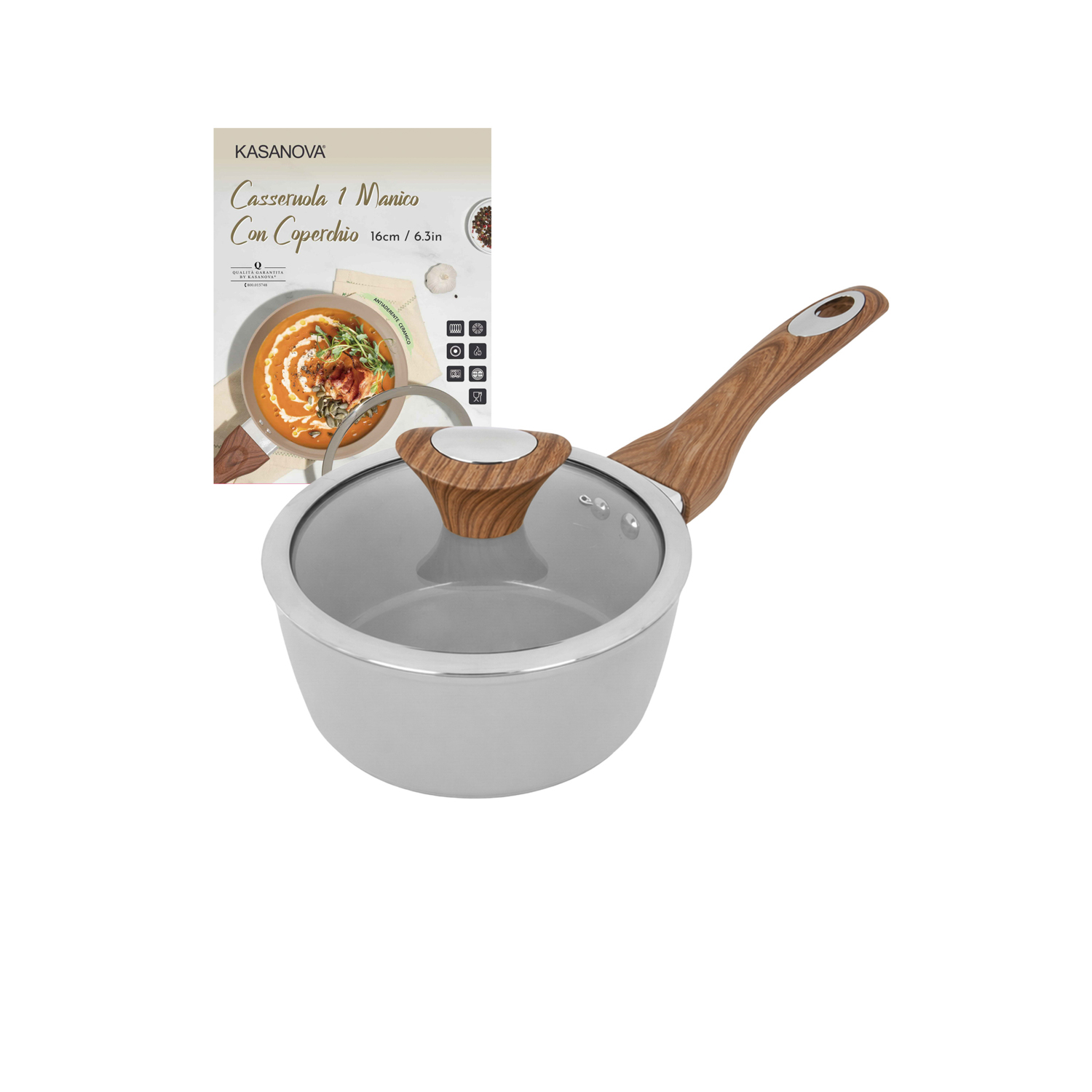 Casseruola 16 cm antiaderente ceramico 1 manico New Ceramic grigio