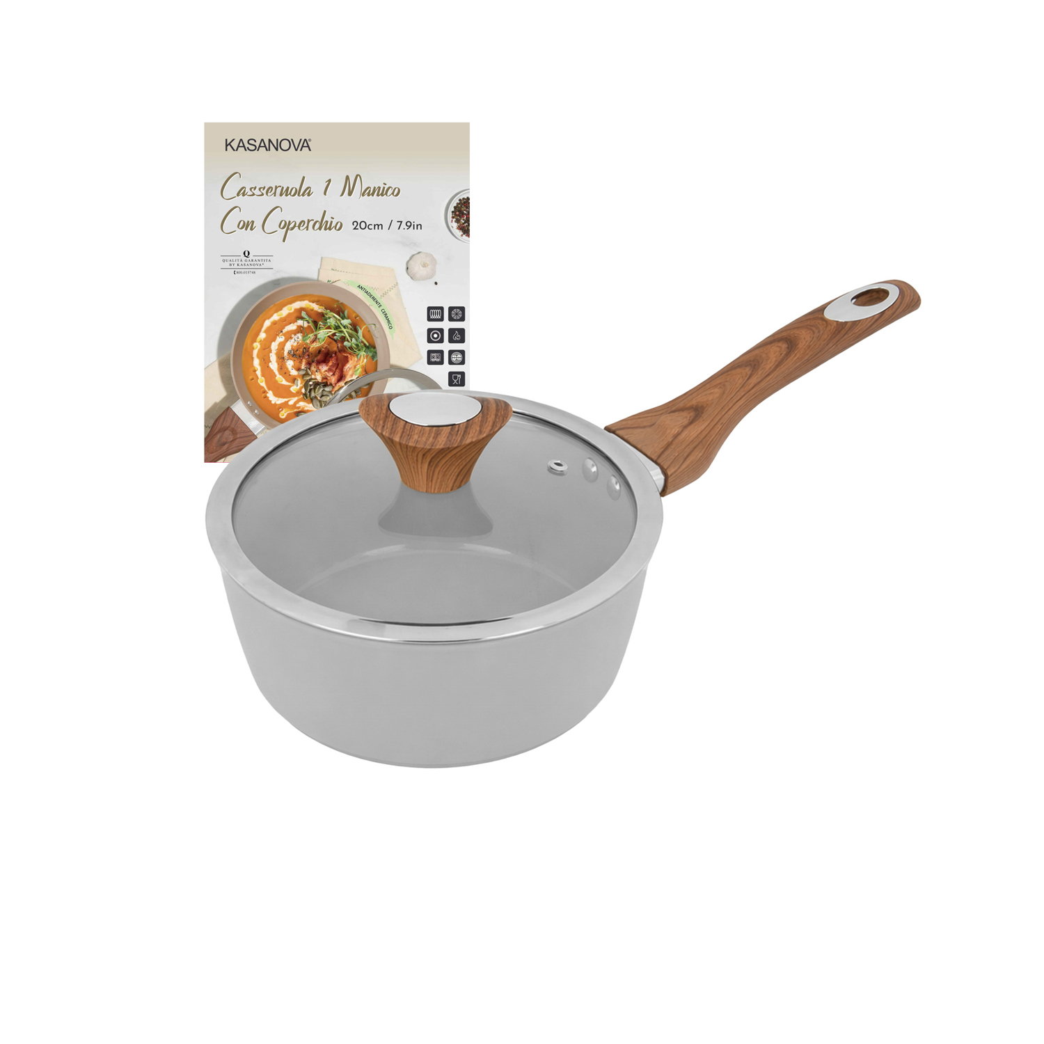 Casseruola 20 cm antiaderente ceramico 1 manico New Ceramic grigio
