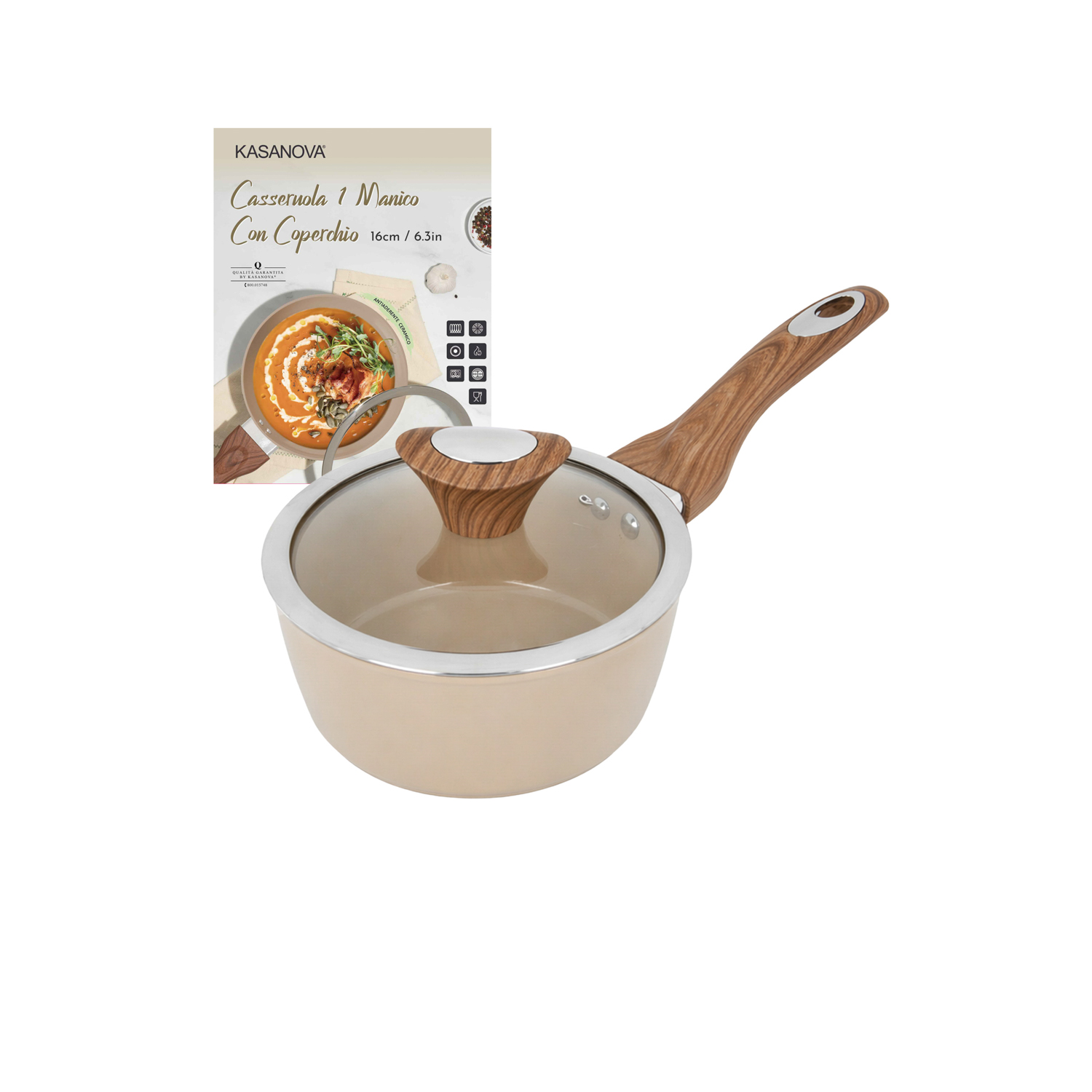 Casseruola un manico 16 cm coperchio taupe New Ceramic