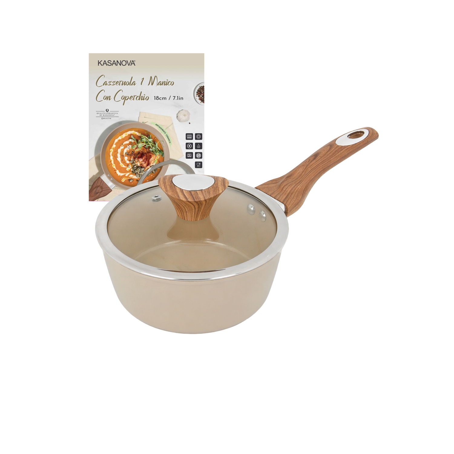 Casseruola un manico 18 cm coperchio taupe New Ceramic