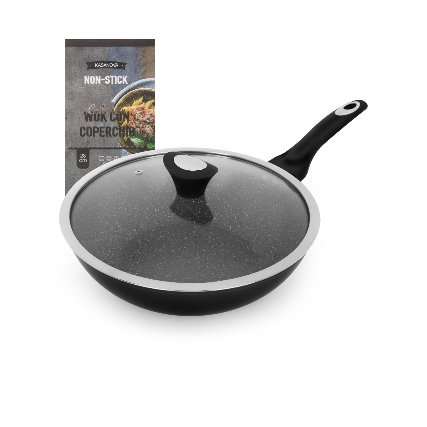 Wok antiaderente 28 cm Collection nera - con coperchio