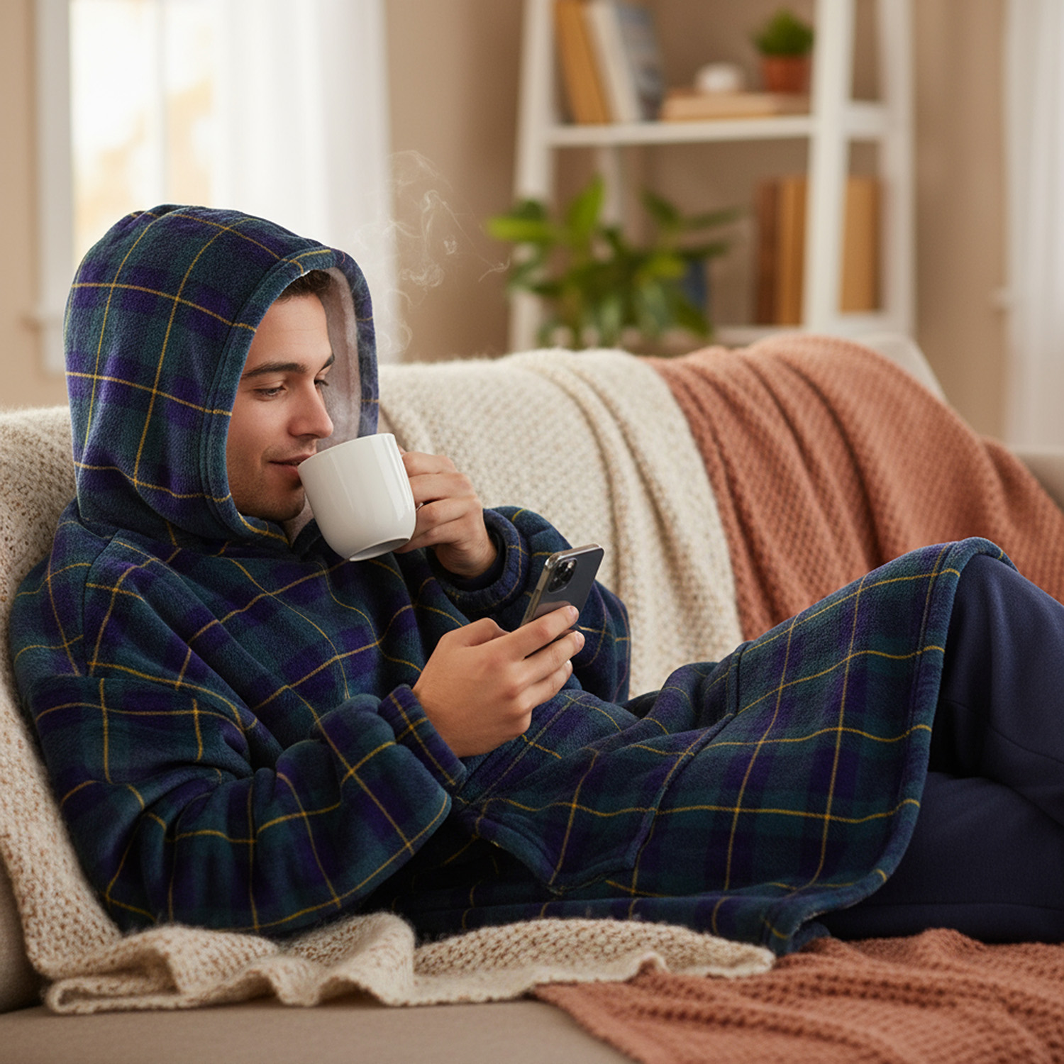 Felpa con cappuccio tartan blu verde Flannel