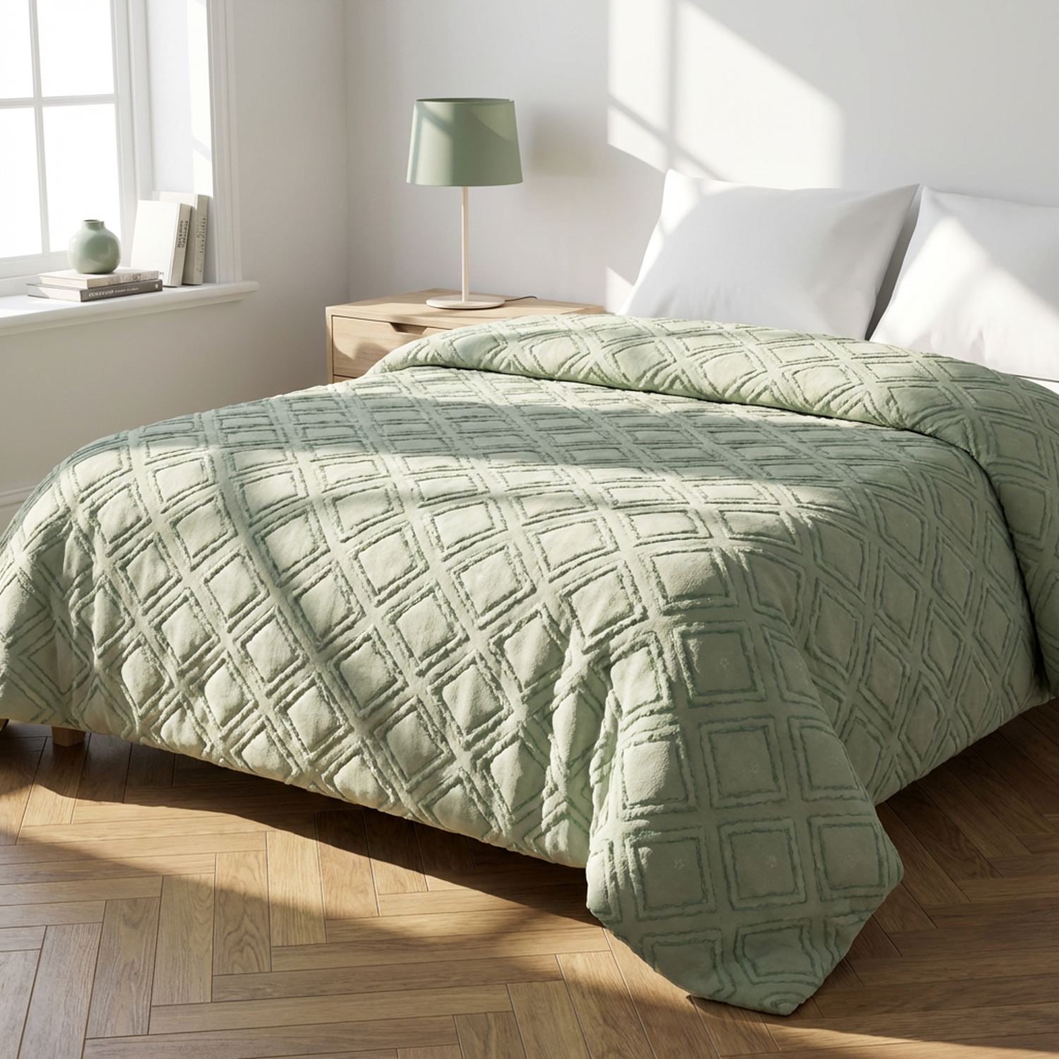 Trapuntino matrimoniale microfibra geometrico verde