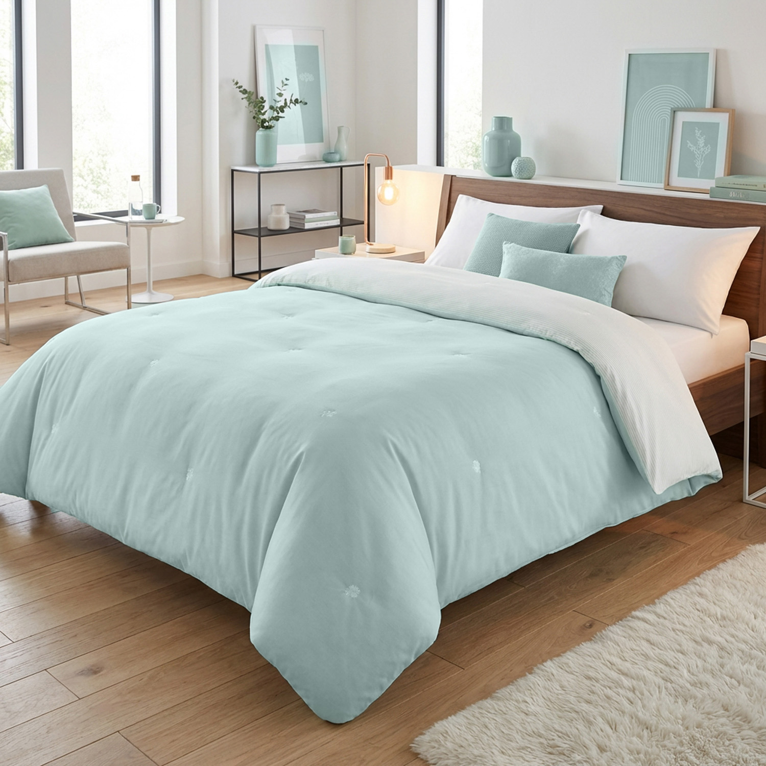 Trapuntino matrimoniale microfibra con ricamo verde