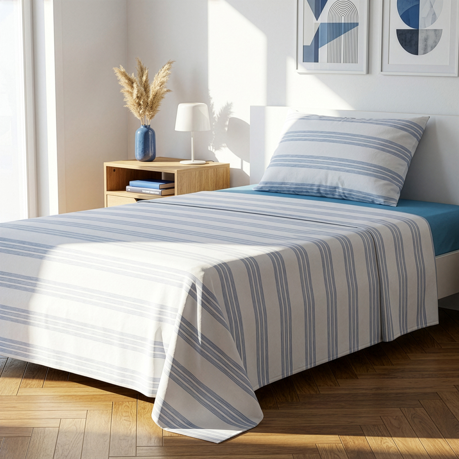 Completo letto 1 piazza e mezza righe blu cotone