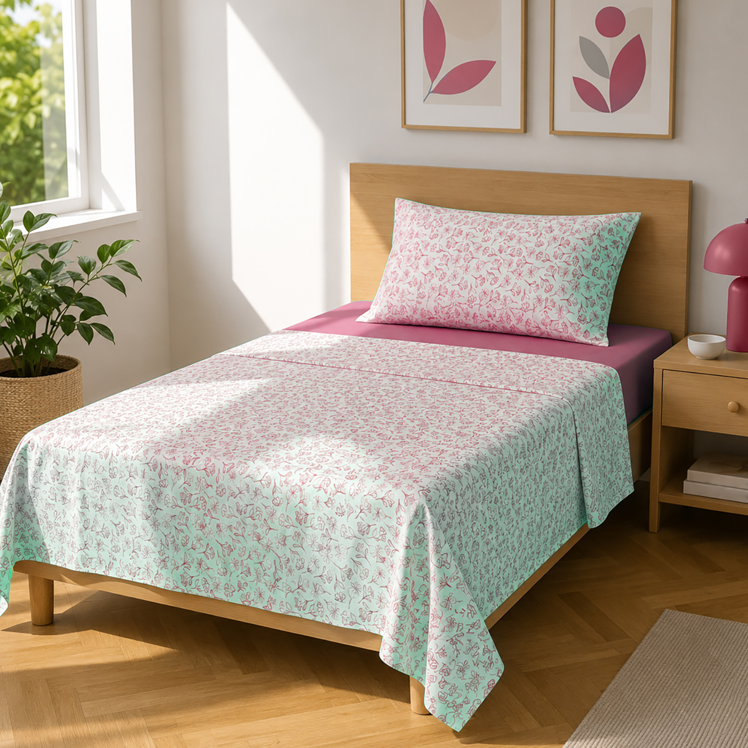 Completo letto 1 piazza e mezza fiori malva cotone