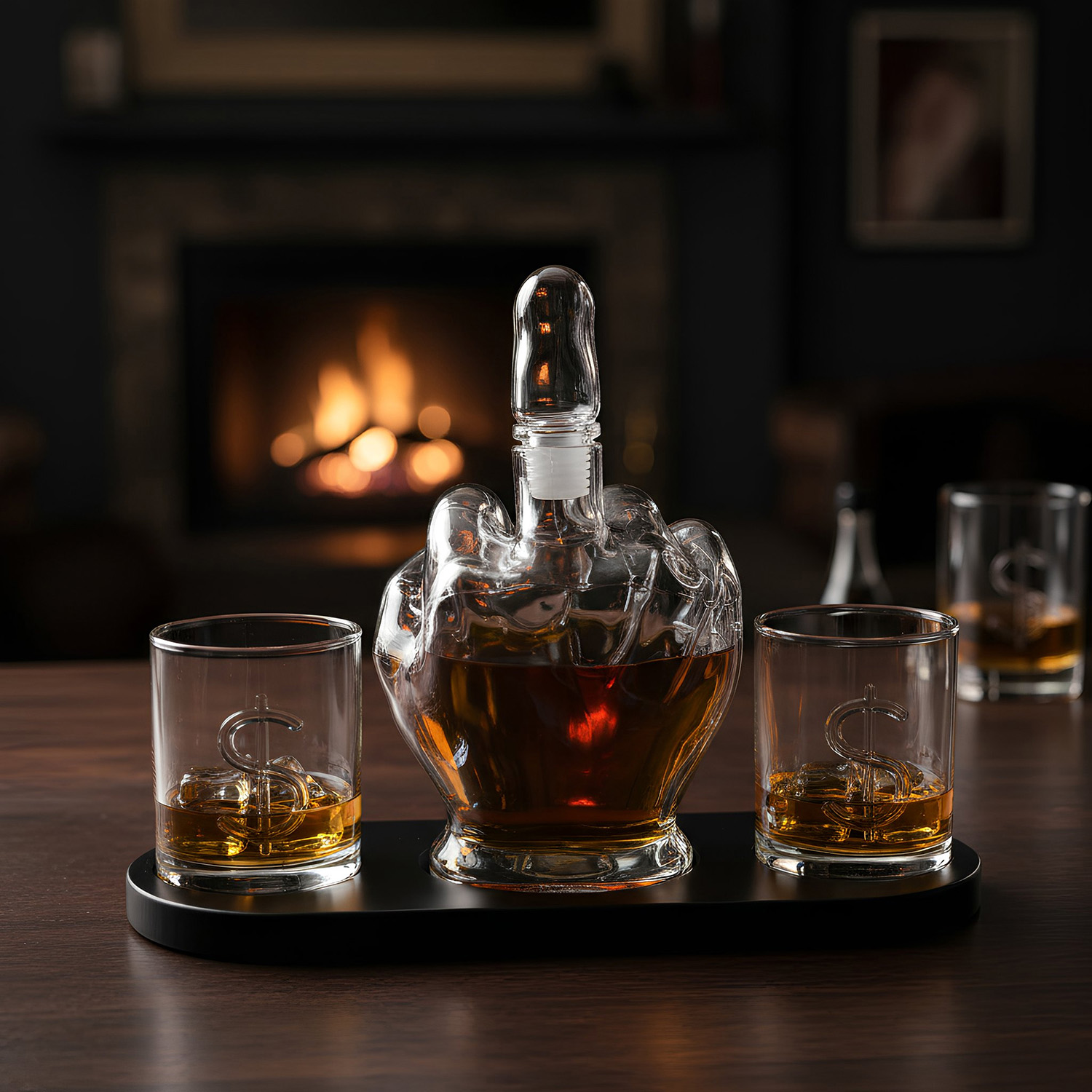 Set liquore bottiglia mano con 2 bicchieri