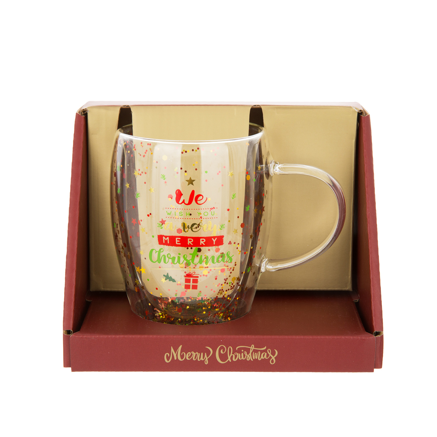 Tazza mug vetro borosilicato Merry Christmas glitter 300 ml