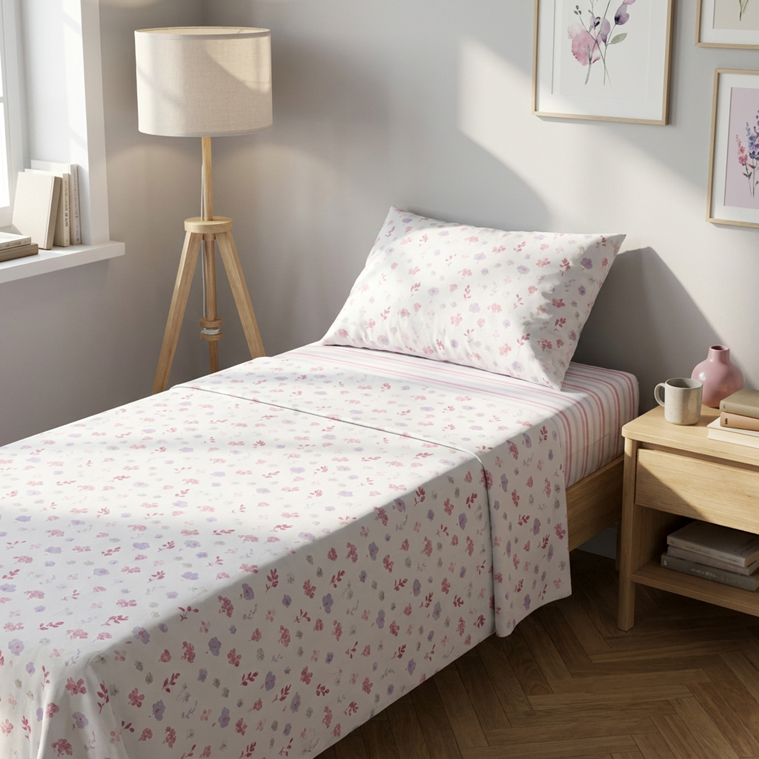 Completo letto singolo stampa fiorellini lilla