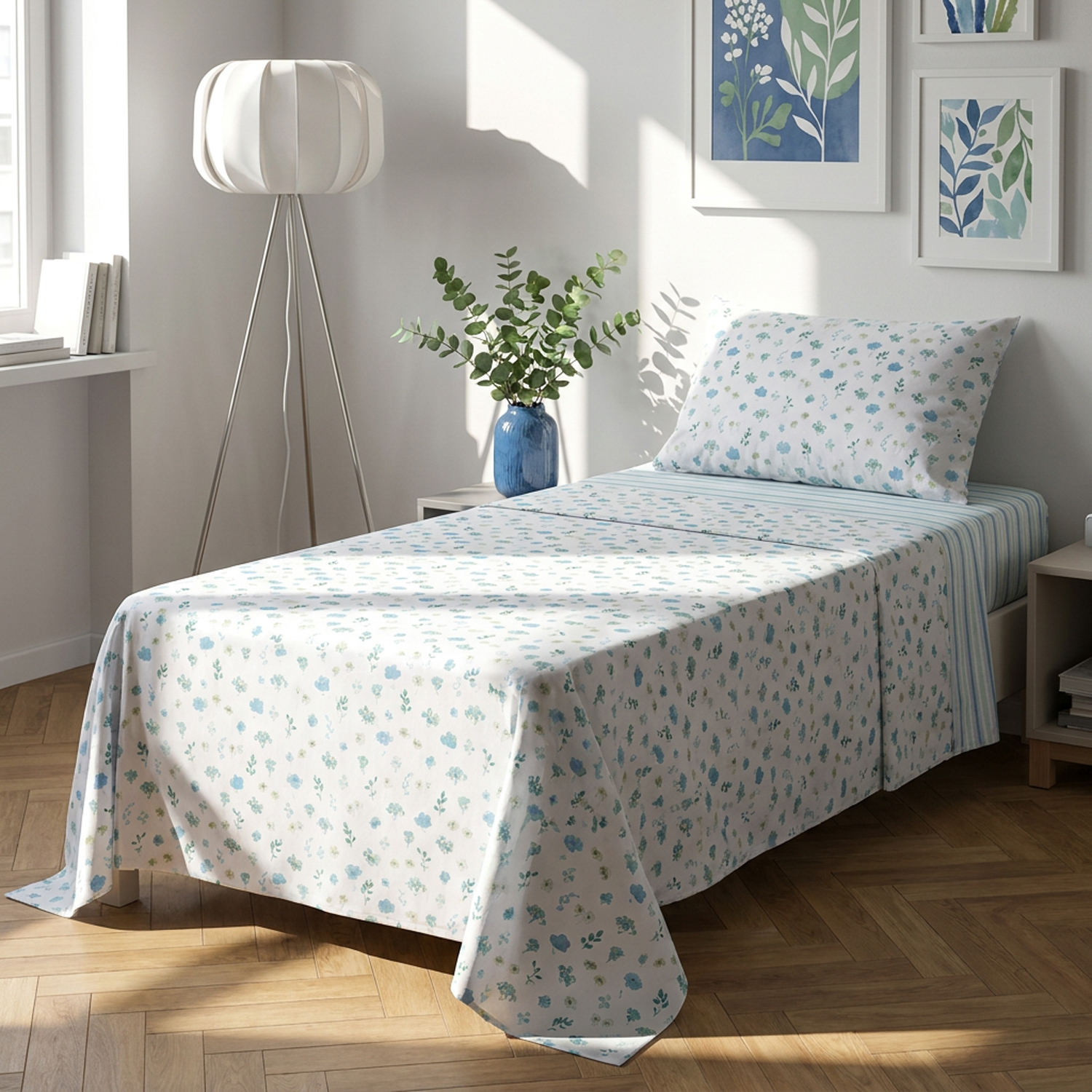 Completo letto singolo stampa fiorellini azzurro