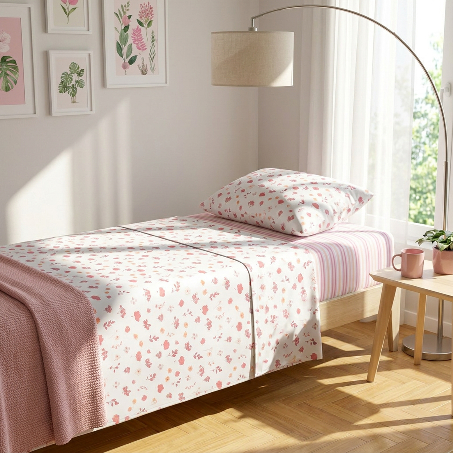 Completo letto singolo stampa fiorellini rosa