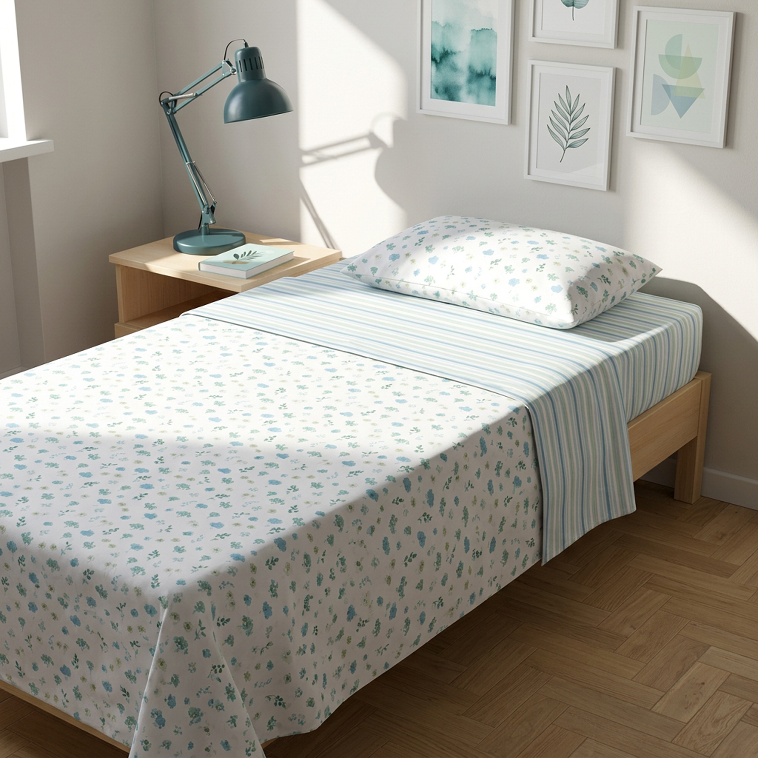 Completo letto una piazza e mezza stampa fiorellini azzurro