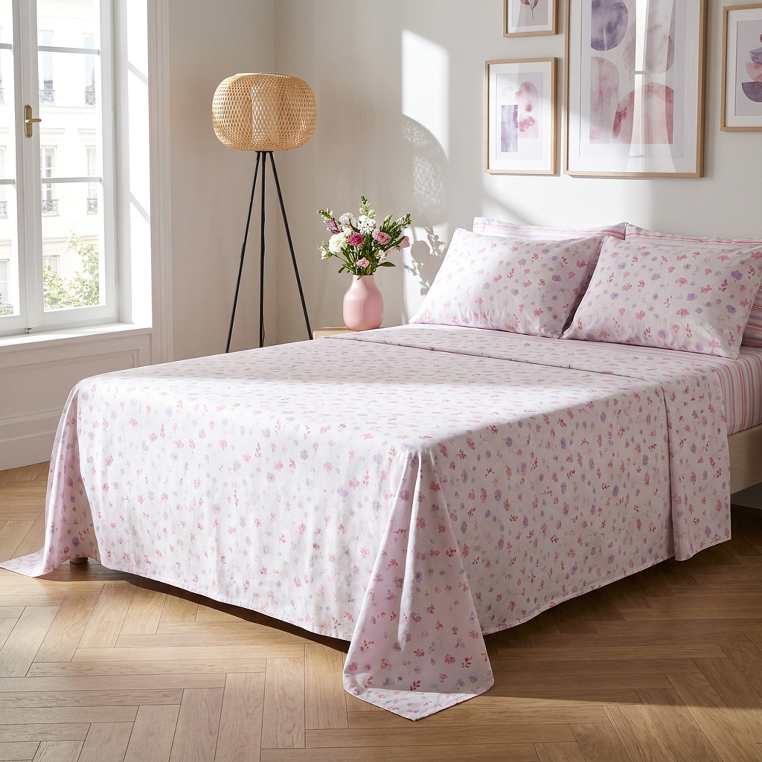 Completo letto matrimoniale stampa fiorellini lilla