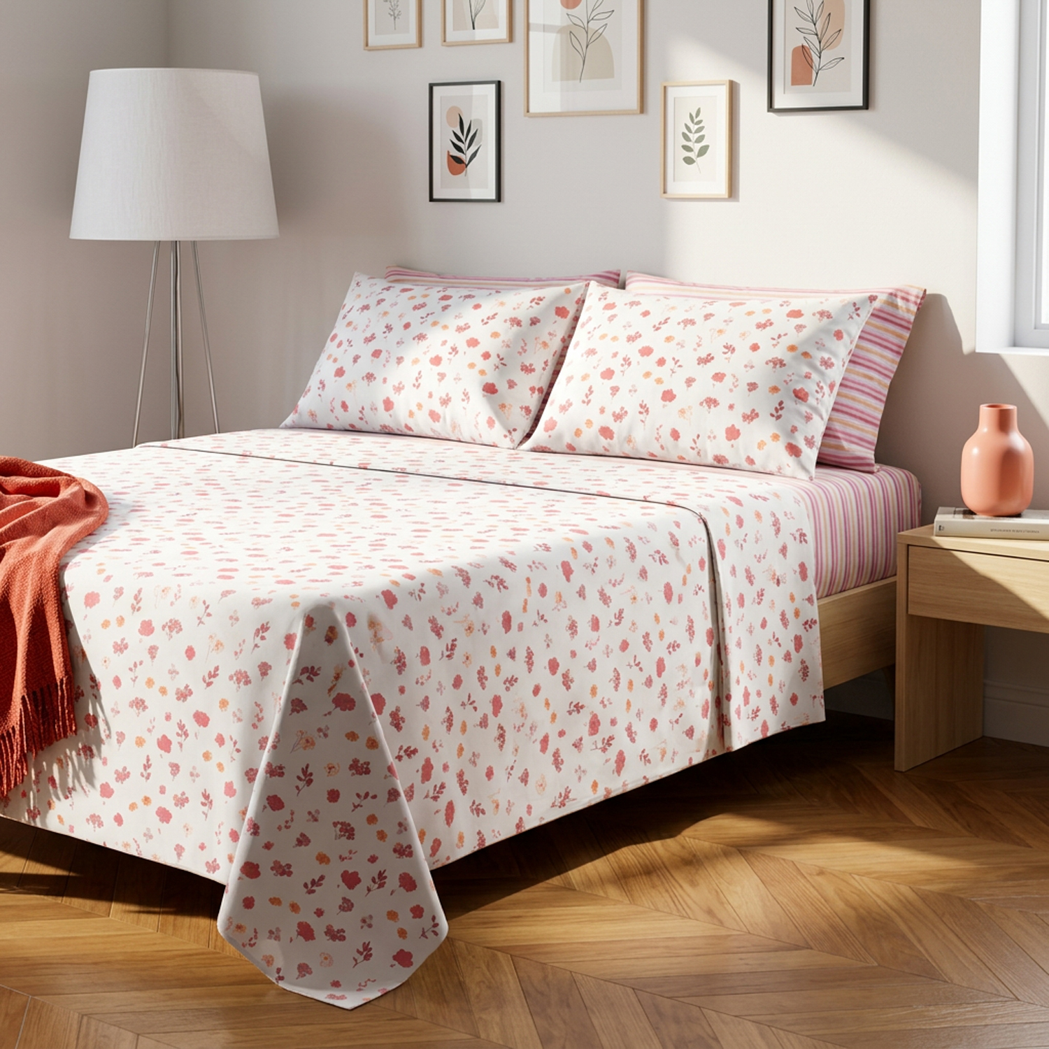Completo letto matrimoniale stampa fiorellini rosa